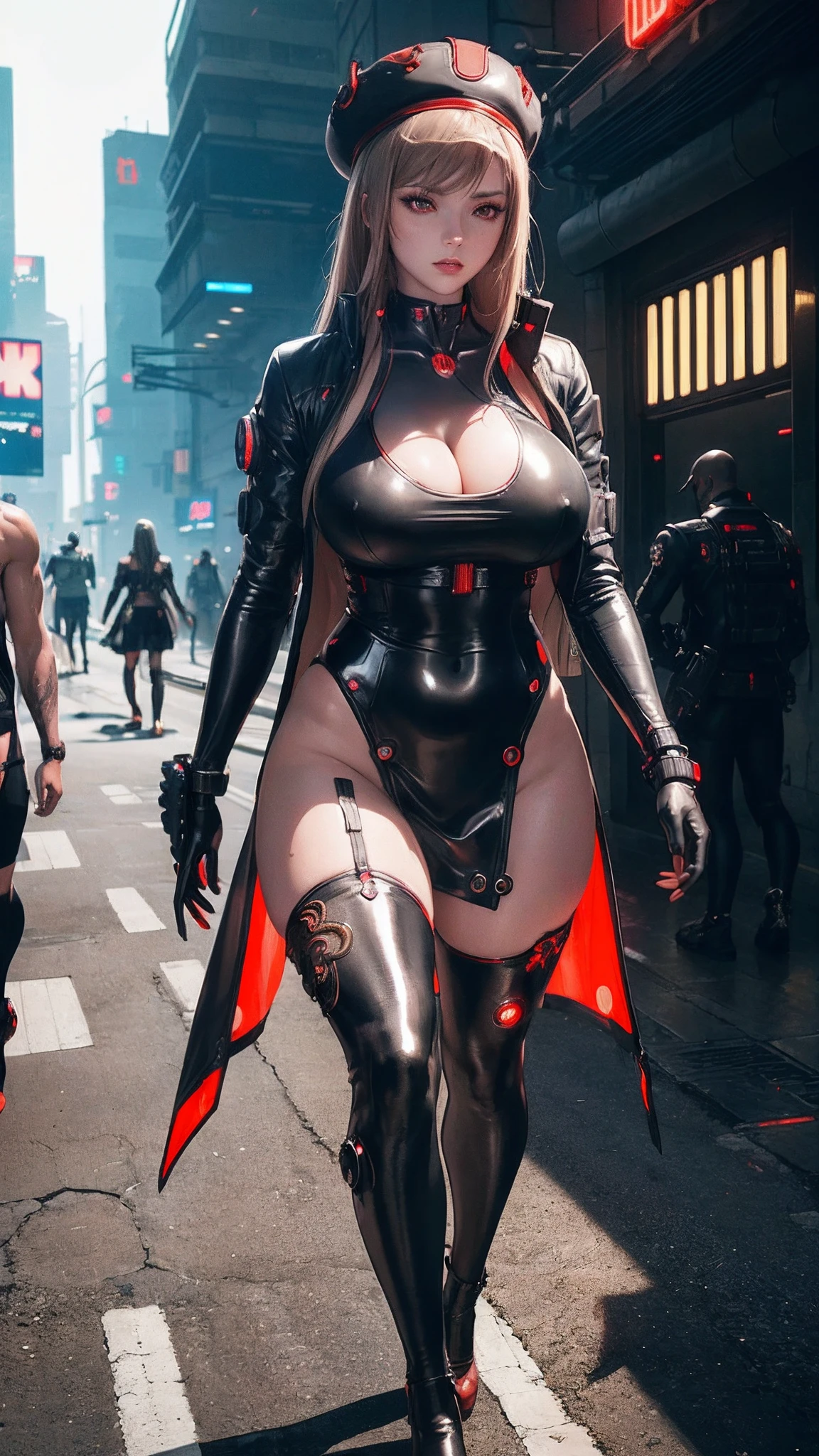 (((beautiful))),rapi \(nikke\),rapidef, red eyes, hat, skirt, side slit, thigh highs,rapiswim, red eyes,huge breasts,(((shiny skin))), ((intricate details)), hdr, ((intricate details, hyperdetailed)), cinematic shot, (((walking in the cyberpunk street))), vignette, art by alphonso mucha
