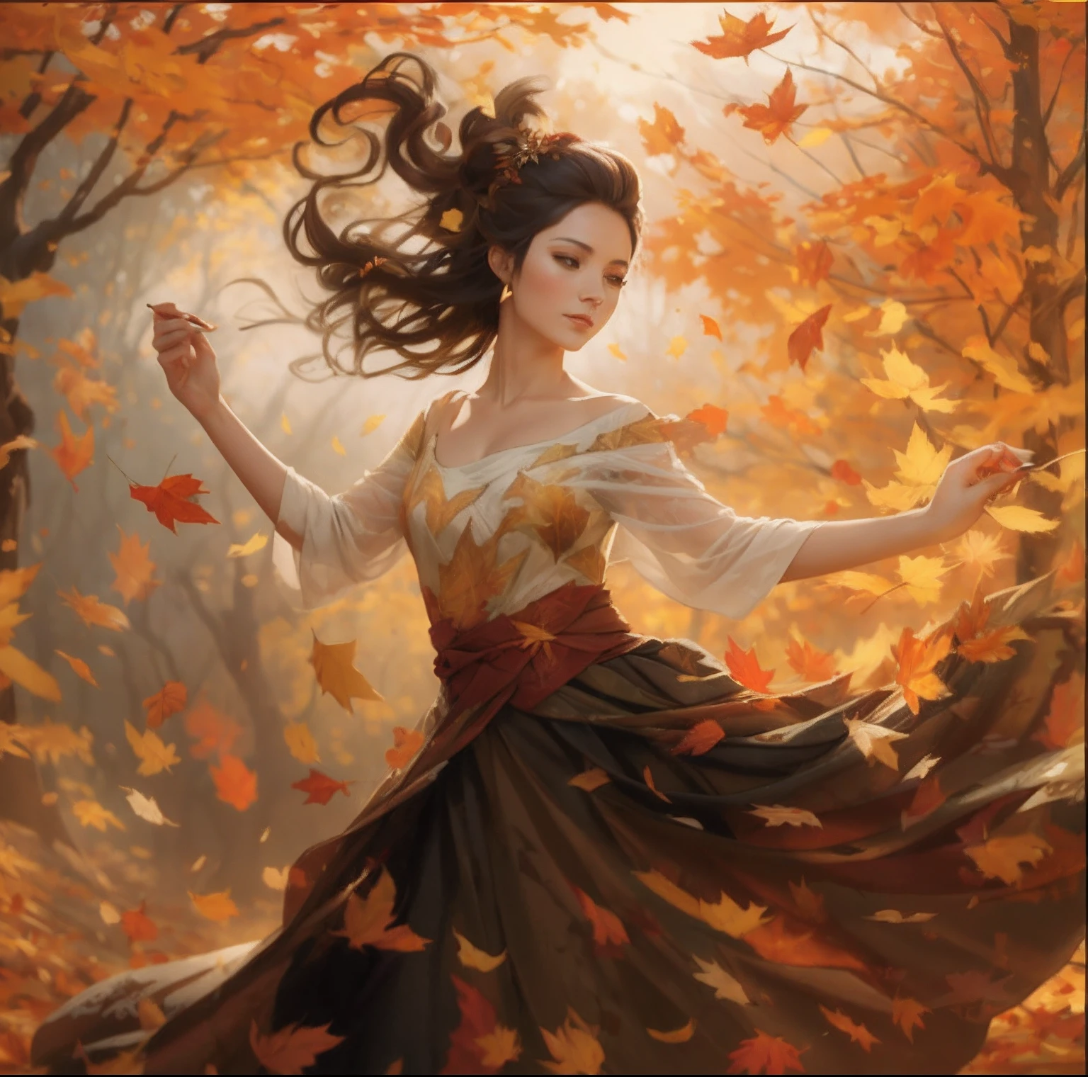 Painting leaves of a woman wearing a dress in the forest, goddess of autumn, beautiful autumn spirit, Autumn wind, autumnal empress, by Cynthia Sheppard, wind blowing leaves, inspirado em Cynthia Sheppard, rob rey, Autumn leaves fall, graphic artist magali villeneuve, author:Gao Fenghan, wind blowing leaves, the goddess of autumn harvest, A beautiful artwork illustration