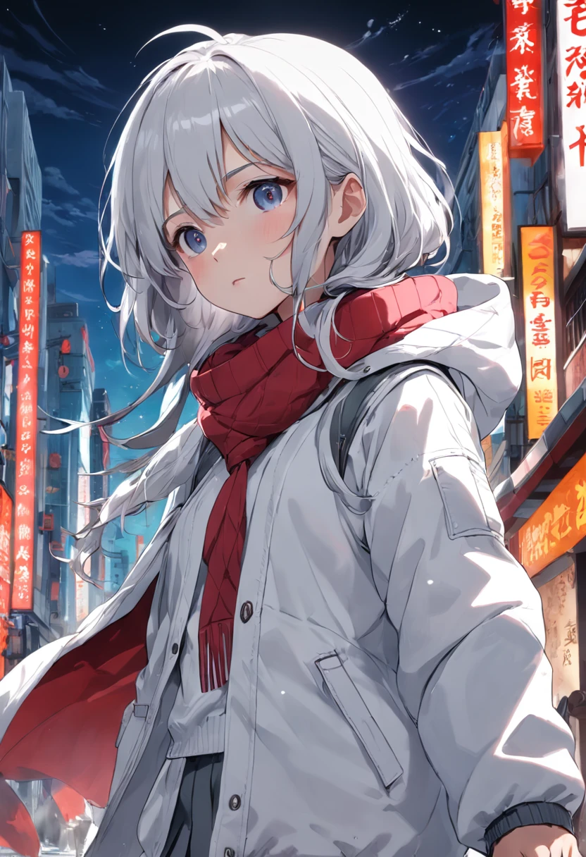 Girl with gray hair and white pupils in a white down jacket,Short gray skirt with crimson cotton cap,Wrapped around a gray scarf