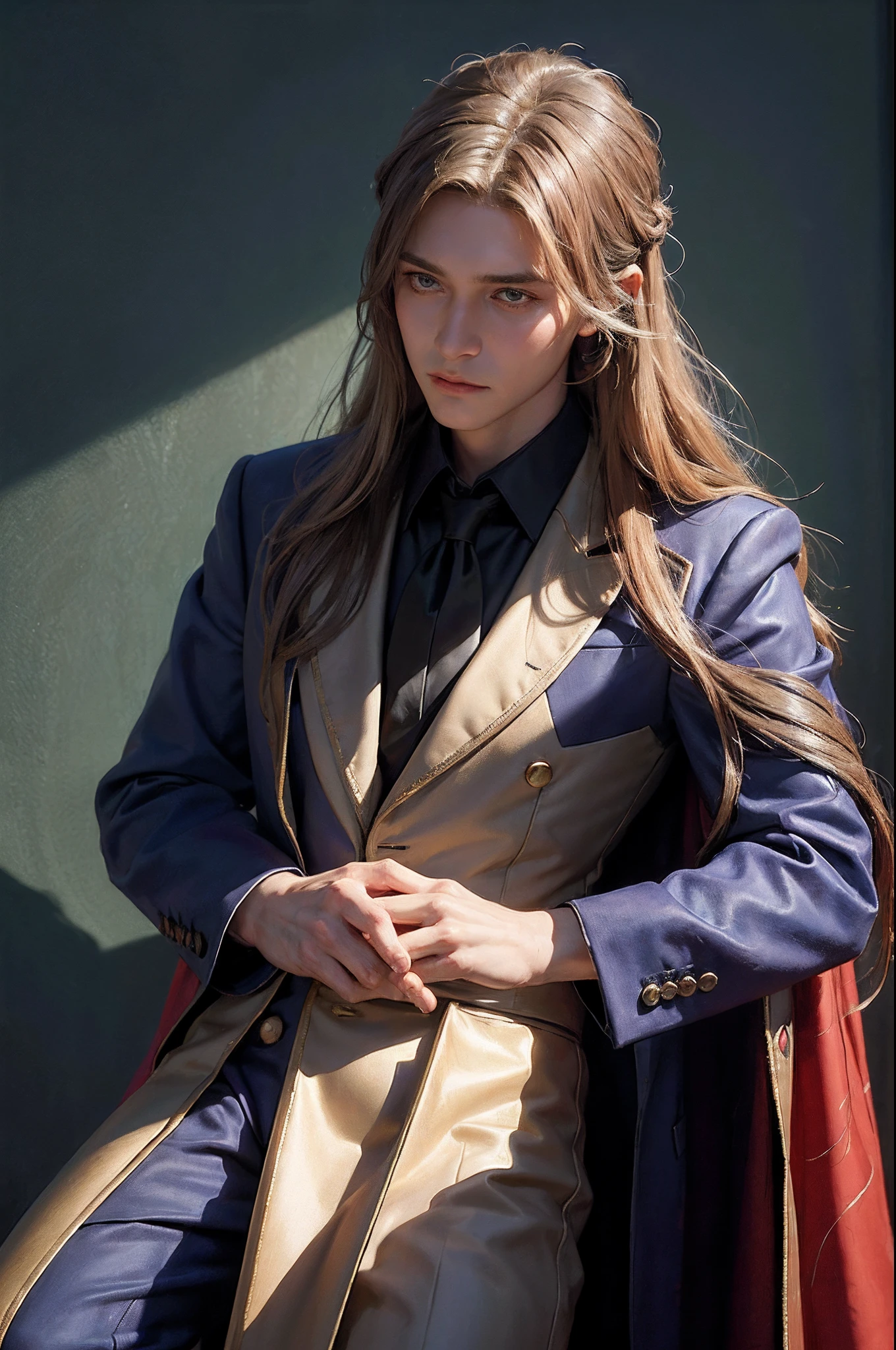 Hyperrealistic male portrait of David Hockney and Alphonse Mucha, fantasy art, photo-realistic, dinamic lighting, Art Station, poster, voluminous lighting, Very Detailed Faces, 4 k, Award-winning, a 1girl, around dark, deep shadow, Discreet key, Cowboy shot (Formal attire: 1.4), hairlong