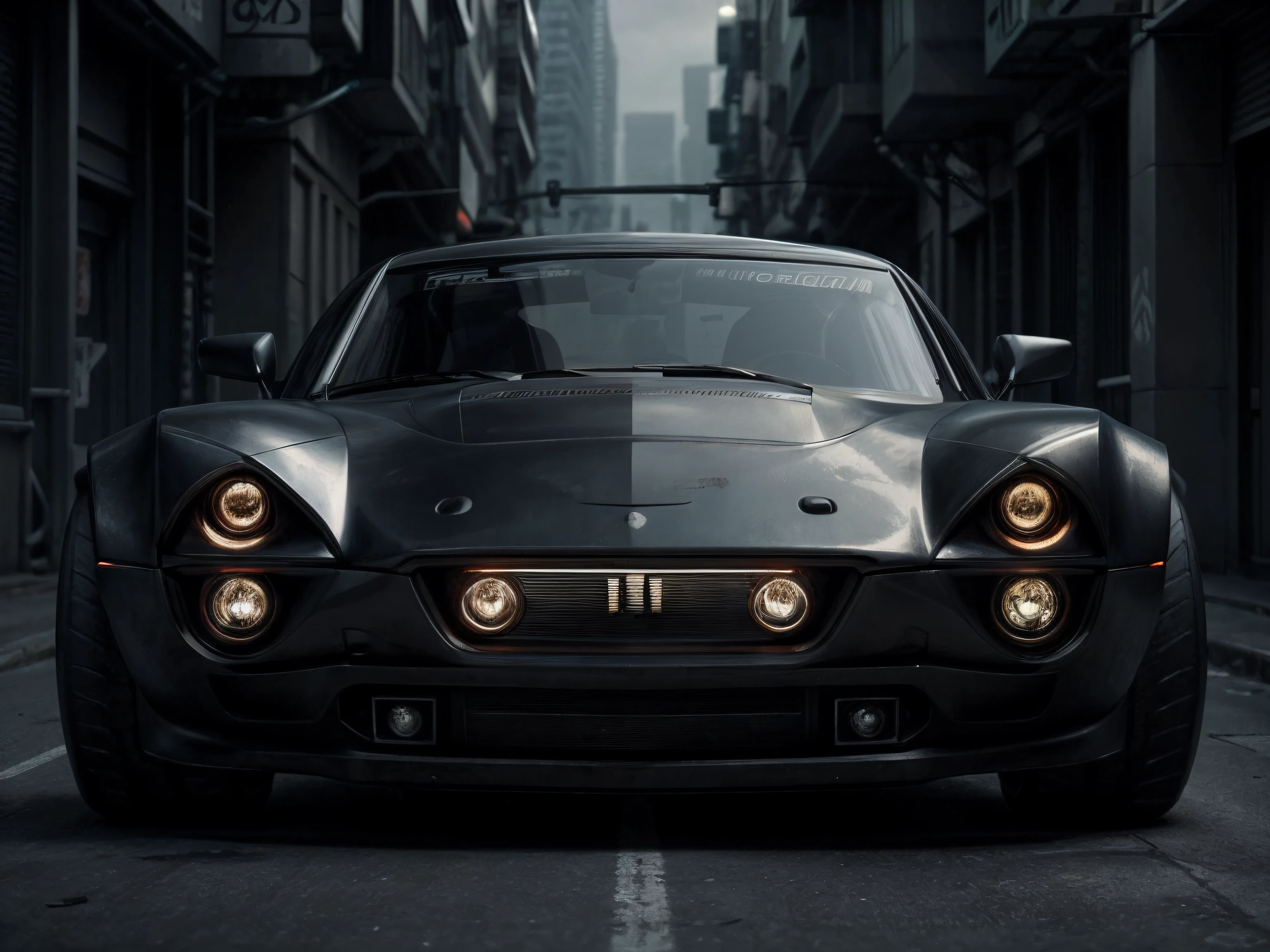 ((futuristic cyberpunk hotrod zeekars))(With reflective tires)of 3/4 front view of a,A bustling city at night,Pure black color scheme,Reflective,Texture,Faint purple headlights,urban backdrop,Sense of oppression