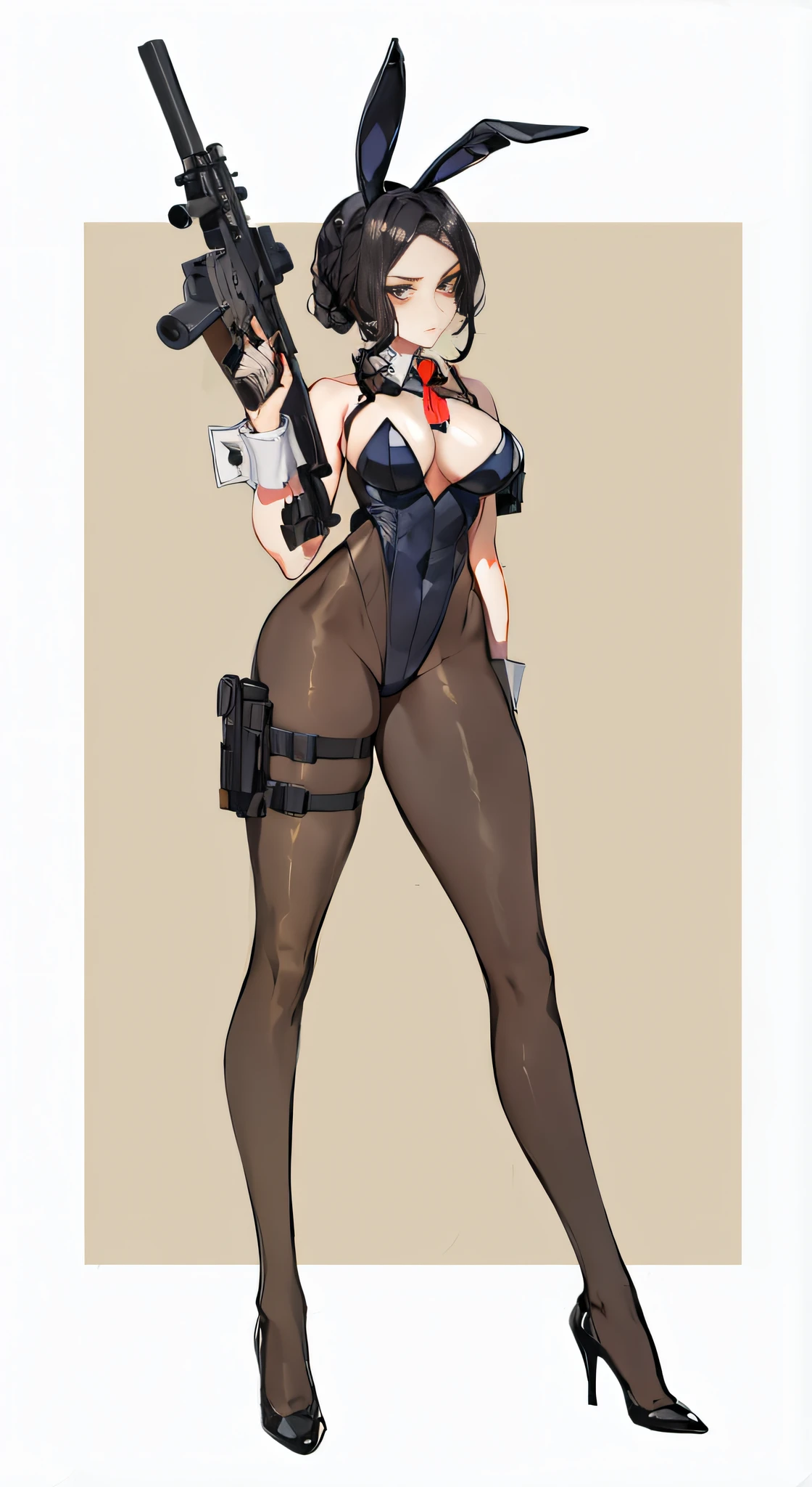 Close-up of a woman in a rabbit suit holding a gun, the cute sexy ass, widowmaker,bunnygirl,High-fork tights,blacksilk,arm,arma,full bodyesbian ,Short sword submachine gun,short detailed hair,Three and seven points short hair!