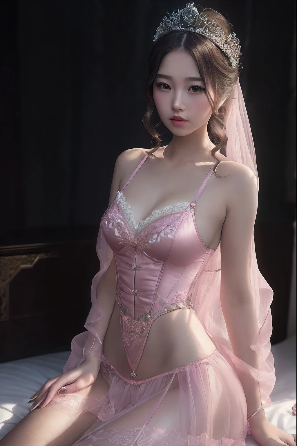 Close-up of a woman in a pink dress sitting on bed, Ethereal beauty, Wearing sexy lingerie, ((a beautiful fantasy empress)), Lingerie, gorgeous chinese models, beautiful teenage girl, Lovely woman, Incredibly ethereal, a stunning young ethereal figure, Very ethereal, elegant corset, a beautiful fantasy empress, lingeries beauty, sexy gown, lovely languid princess