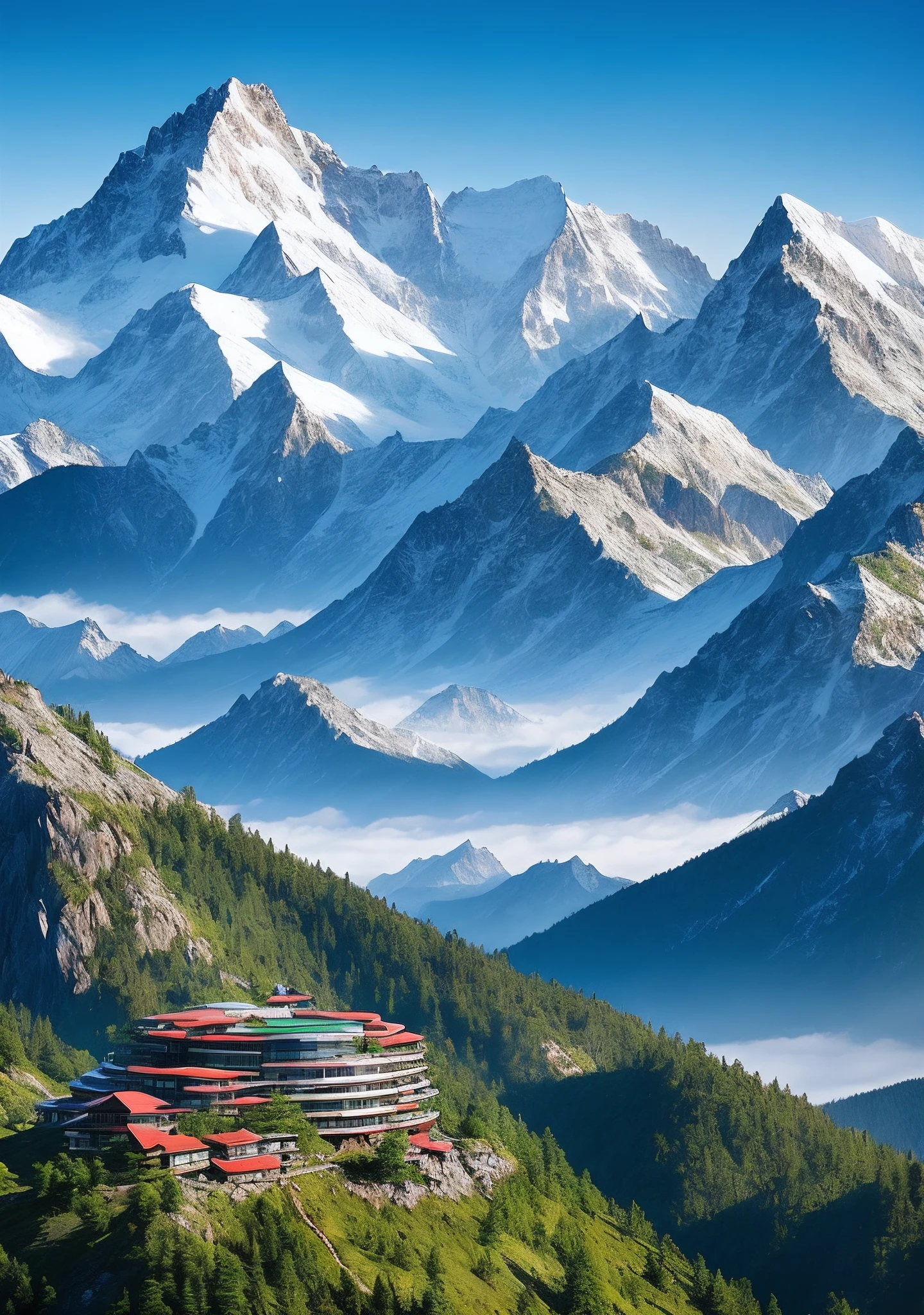 High mountain scenery with super future building