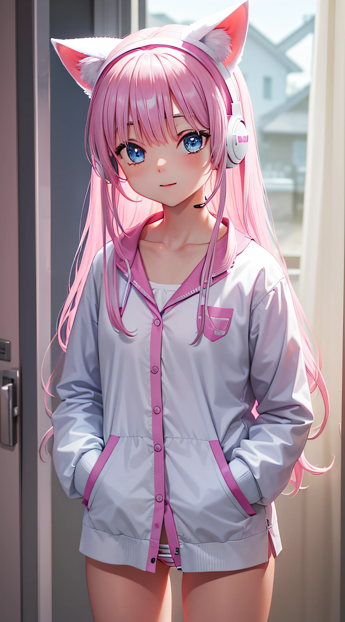 She wears a collar around her neck,Wearing pink headphones on his head,in a white shirt,Exposed panties,Pink hair,The face is very red,Wearing blue and white striped panties,Expose the collarbone,There are dull hairs on the head,are standing,Background in the house,long whitr hair,white backgrounid,white stockings,ssmile,There are pink cat ears on the head,The character is facing us,eBlue eyes,Place your hands behind your back, Don't go outdoors, Do not tilt your body to one side,Do not put your hands in your pockets