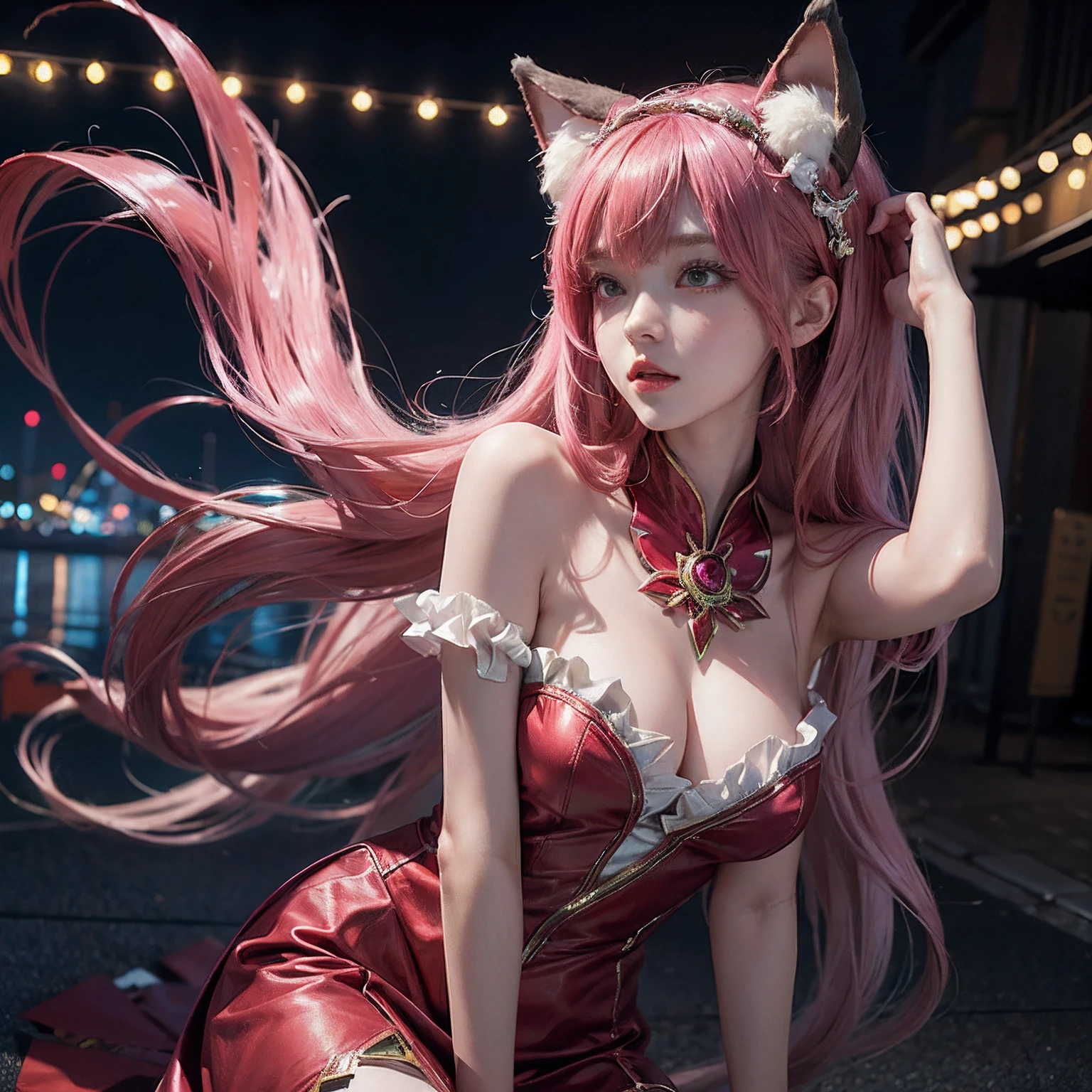 1girl, Tokyo Street, Night, Cityscape, City Lights, Upper Body, Close-up, 8k, RAW Photo, Best Quality, Masterpiece, Realism, Realism, Red Rose Headdress, Split Bangs, Short Hair, Big Waves, Anime - Wearing a Pink Dress, Anime Role Play, Glamorous Role Play, Anime Goddess, Role Play, Star Guardian, Anime Character; Half-body art, gorgeous cosplay, cosplay photos, Seraphim Ahri Keda, Salefini in League of Legends, Zodiac Girl Knight