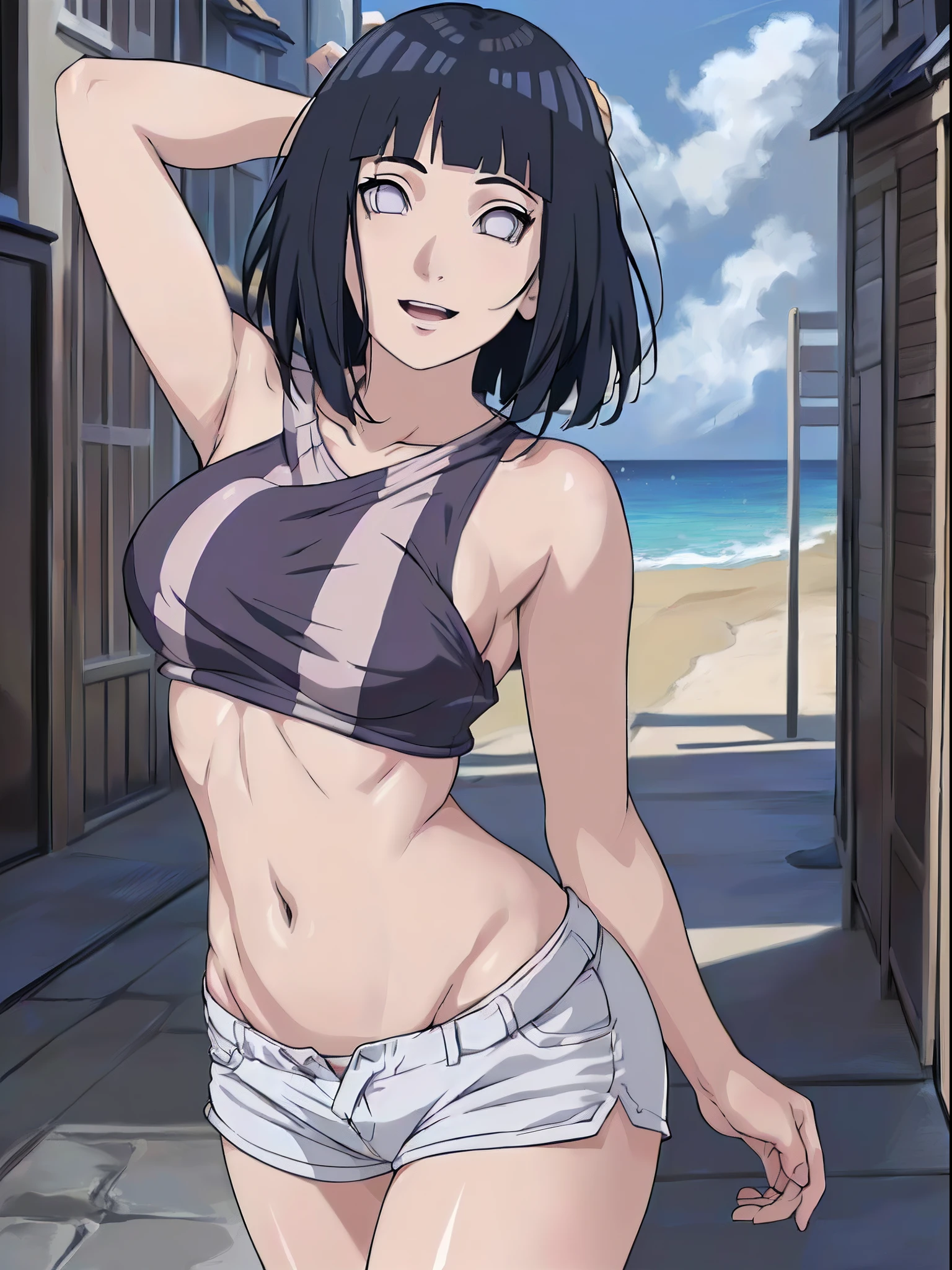 (WALLPAPER, (hinata\(boruto\), masterpiece, 4k, vector coloring, whole body shot, contrast lighting, mature female, (curvy:0.8), solo, anime style, sharp focus, professional artwork, intricate details, detailed beach background, colorful, vibrant colors, vivid colors, digital blending, ultra detailed body, ultra detail hair, ultra detail face, trending on pixiv, very hot colors, sunny day, outdoor, detailed bold arm lines, high color saturation, bold lines, bold drawing lines),
(standing, open mouth, kind smile, extremely happy, goodbye, sexy pose),
((dark blue hair color:1.1), wavy hair, ((short hair, hime cut)),
(perfect eyes, white sciera, bright eyes, white eyes, anime eyes, smoky eyeliner, eyeshadow)
(white skin, slender body, milf, navel, groin, flat belly, perfect face, perfect thighs),
(Thighs, legs, big breasts, perky boobs, off-shoulders, (groin, detailed shoulders),
(almost naked, only white clothes, bare chest, bare shoulders, bare hands, bare legs),
( topless, white shorts, no top)