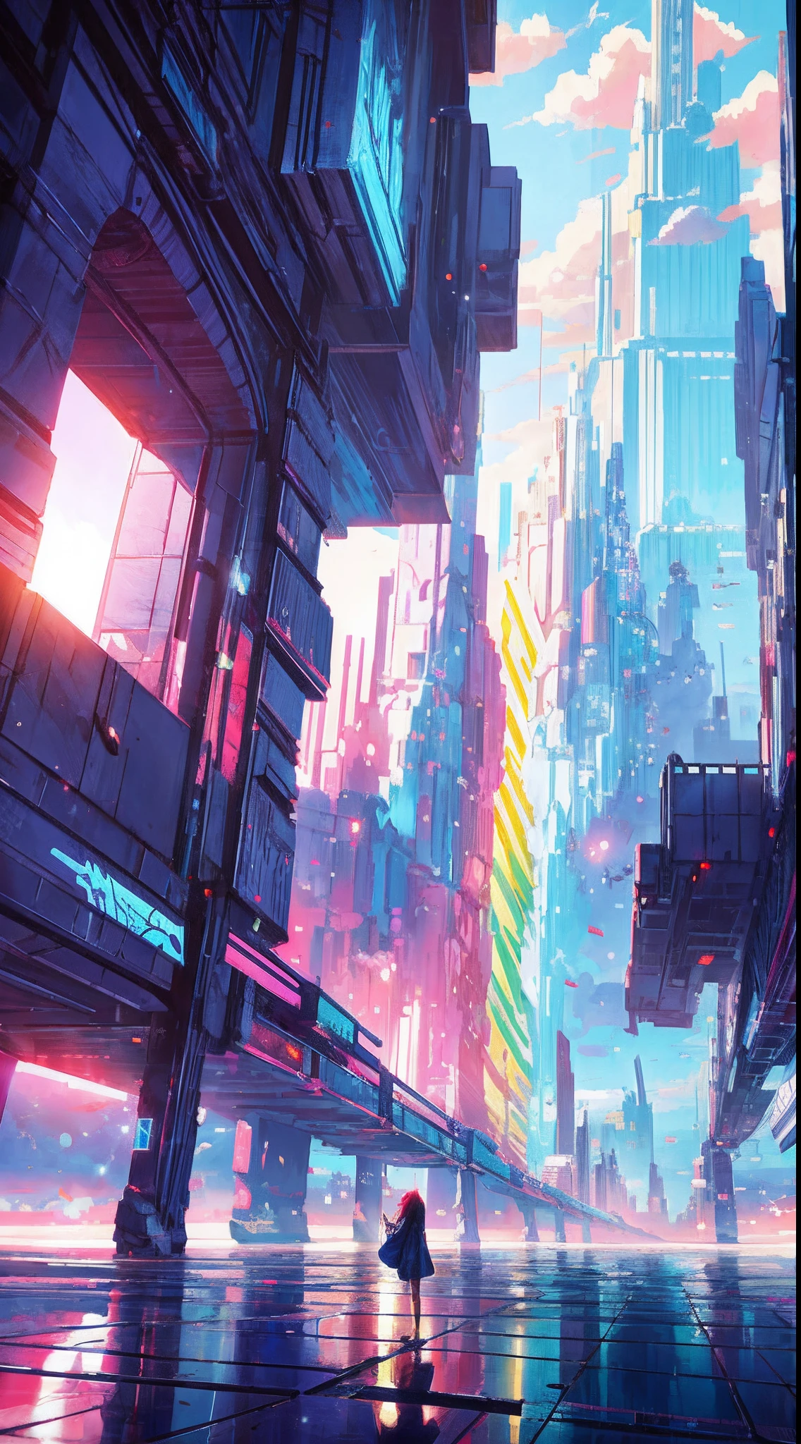 Anime girl standing in big city looking at rainbow sky,Near Future City、 makoto shinkai cyril rolando, anime art wallpaper 4k, anime art wallpaper 4k, Anime art wallpaper 8k, inspired by Cyril Rolando, in the style dan mumford artwork, amazing wallpapers, by Yuumei