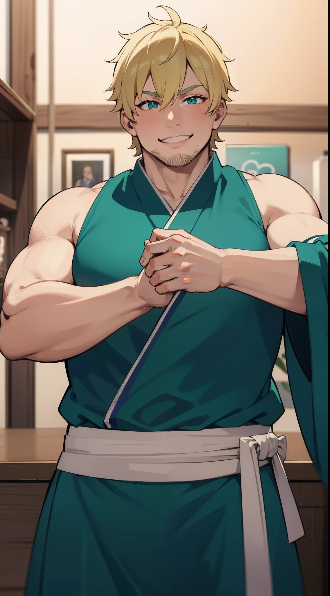 Adult Fat Man, short blonde hair, Cyan eyes, Green Hanfu sleeveless, Drunken Master, Smile, Masterpiece, hiquality