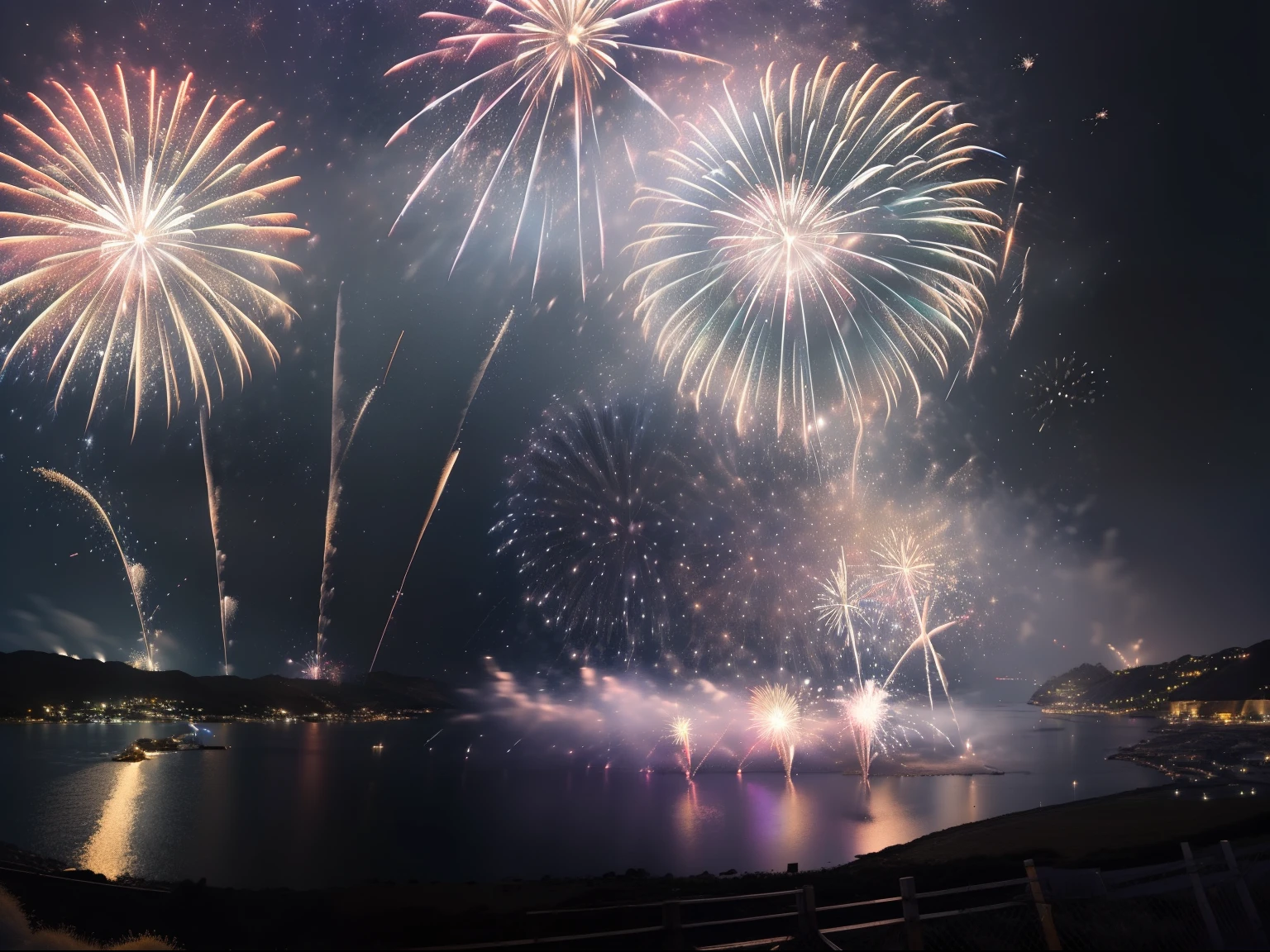 landscapes、Photorealsitic、hight resolution、high-detail、ultra wide-angle、(sparklers)、(Star Mine:1.5)、nigh sky、Above the sea、reflection、Night city in the distance、Colorful、Raw photo、summer day、(Fireworks in the night sky:1.5)、(Fireworks in the night sky:1.2)、(Pitch Black Sky:1.2)
