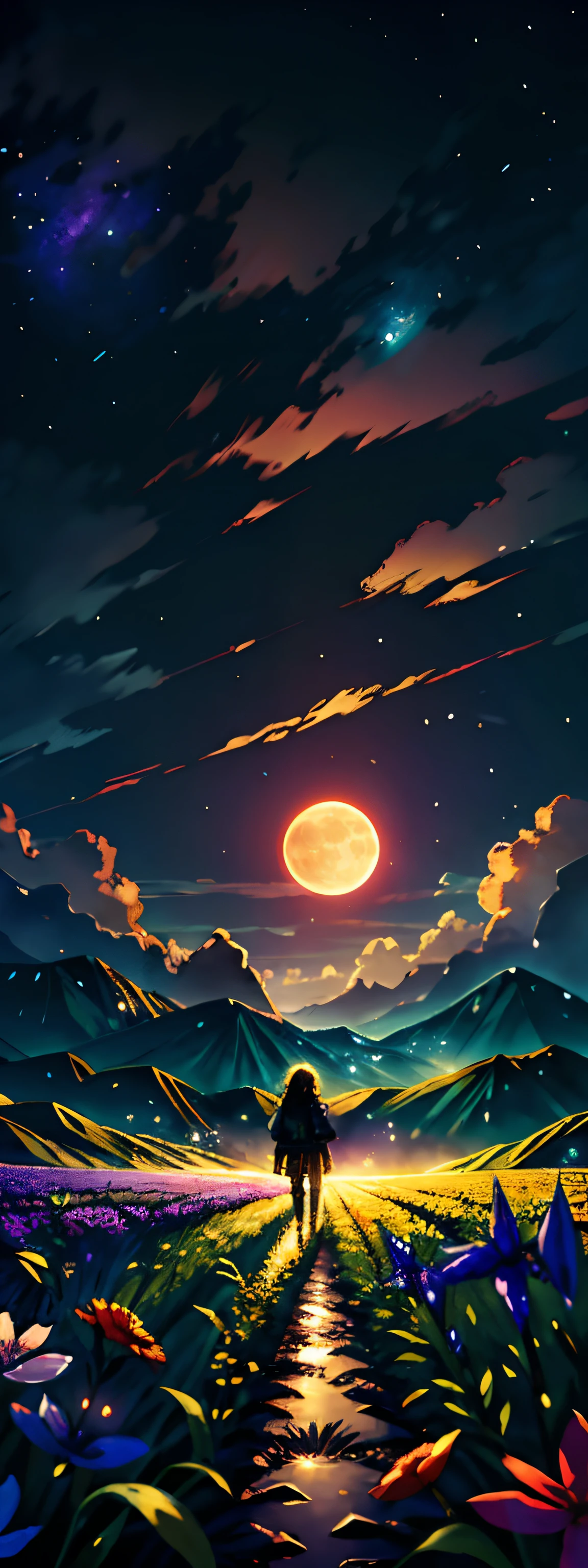 A wide landscape photo, (viewed from below, the sky is above, and the open field is below), a girl standing on a flower field looking up, (full moon: 1.2), (meteor: 0.9), (nebula: 1.3), distant mountains , Trees BREAK Crafting Art, (Warm Light: 1.2), (Firefly: 1.2), Lights, Lots of Purple and Orange, Intricate Details, Volumetric Lighting BREAK (Masterpiece: 1.2), (Best Quality), 4k, Ultra Detailed, (Dynamic Composition: 1.4), Rich in Detail and Color, (Rainbow Color: 1.2), (Glow, Atmospheric Lighting), Dreamy, Magical, (Solo: 1.2)