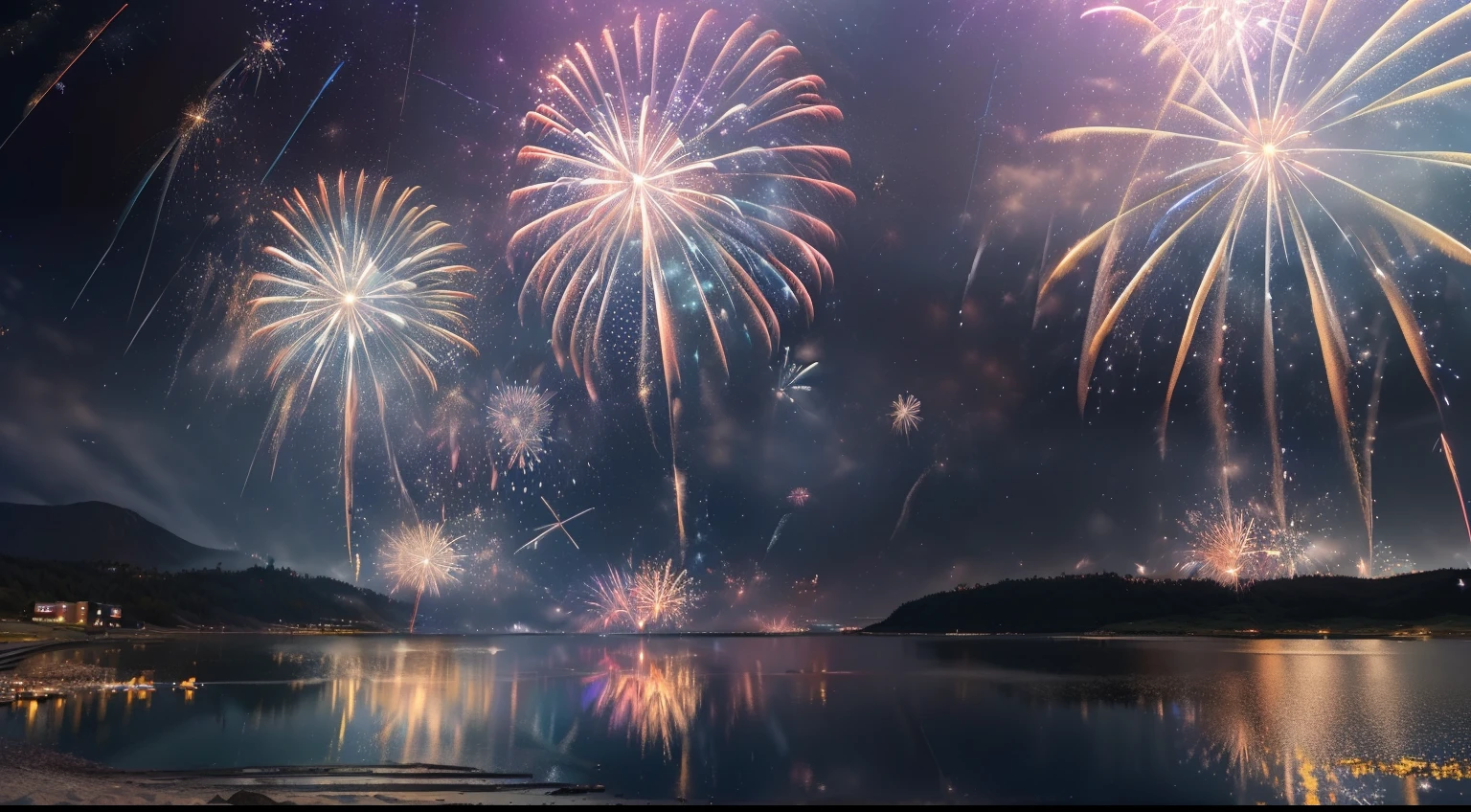 landscapes、Photorealsitic、hight resolution、high-detail、ultra wide-angle、(sparklers)、(Star Mine:1.5)、nigh sky、Above the sea、reflection、Night city in the distance、Colorful、Raw photo、summer day、(Fireworks in the night sky:1.5)、(Fireworks in the night sky:1.2)、(Pitch Black Sky:1.2)、(8k picture:1.8)