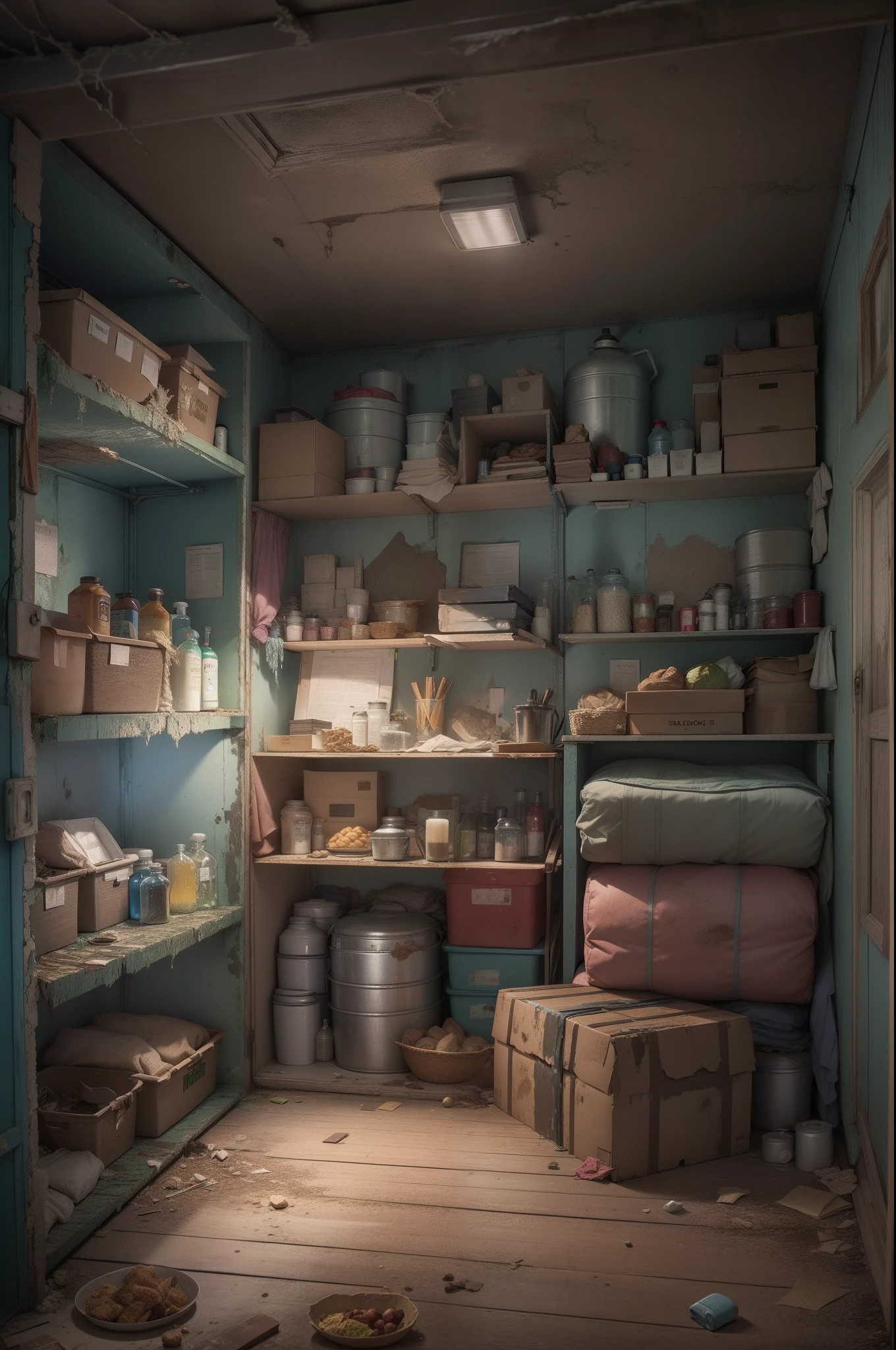 A safe house room with a variety of food stacked in the room、water bottel、Boxes and other supplies，A room full of stuff，Dilapidated room，Doomsday Safe House，dim murky lights，ultraclear，Lots of detail