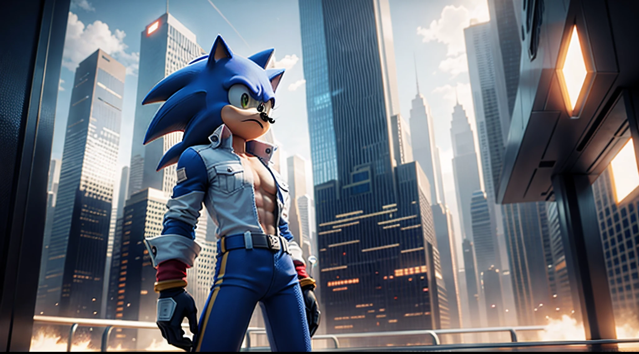 Sonic in a futuristic city, detailed, Military shirt, male