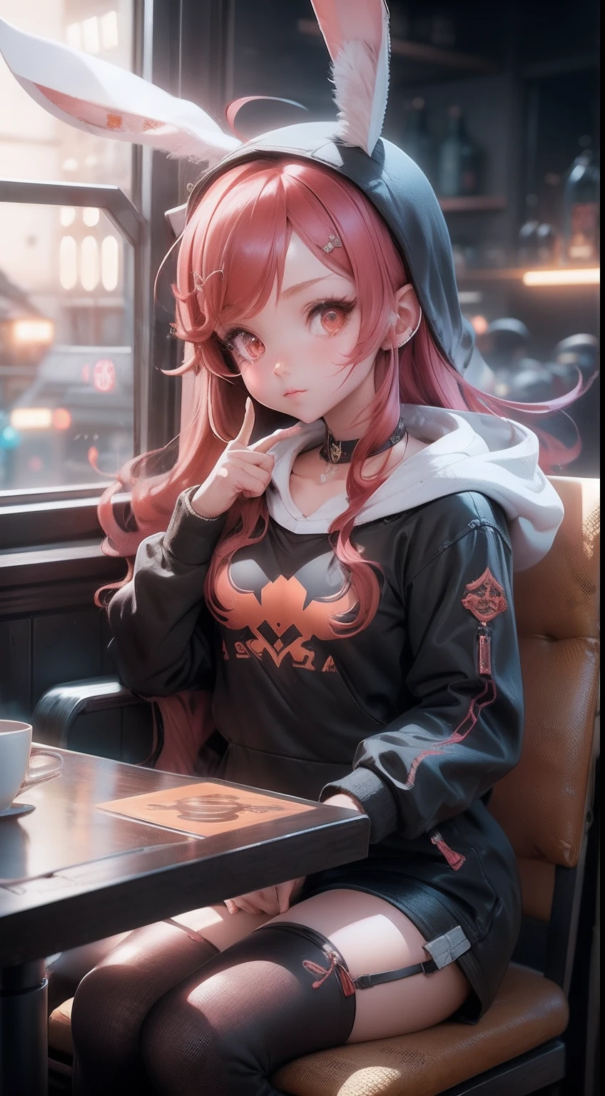 Beautiful girl with red straight hair and red eyes, long bunny ears, thumb up, Sitting in a coffee shop, during night, She wears an orange hoodie, Nostalgic and melancholic atmosphere, Cup on the table, Detailed digital anime art, Loish et WLOP, Cute anime art, Cute Anime Girls, Digital anime illustration, Inspired by WLOP, Art Station Top, hyper-detailed fantasy character, 3d anime style, high quality rendering