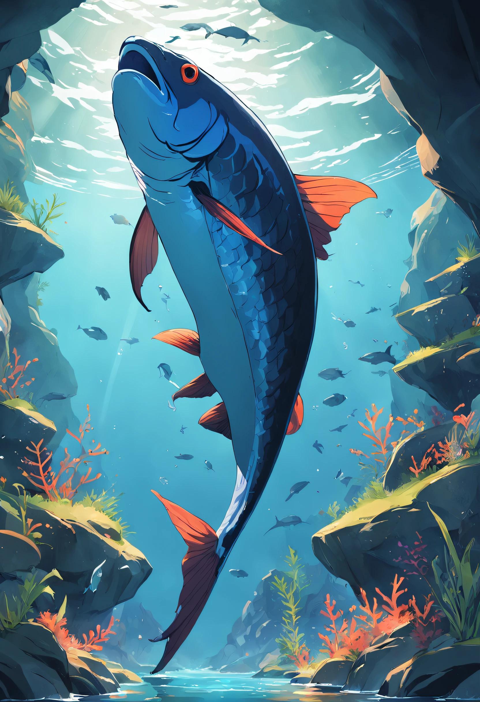 art graphic, Flat illustration of a large fish , limpeza altamente detalhada, imagem vetorial, fundo branco plano, vibrante, vetor, peixe pulando, realistico