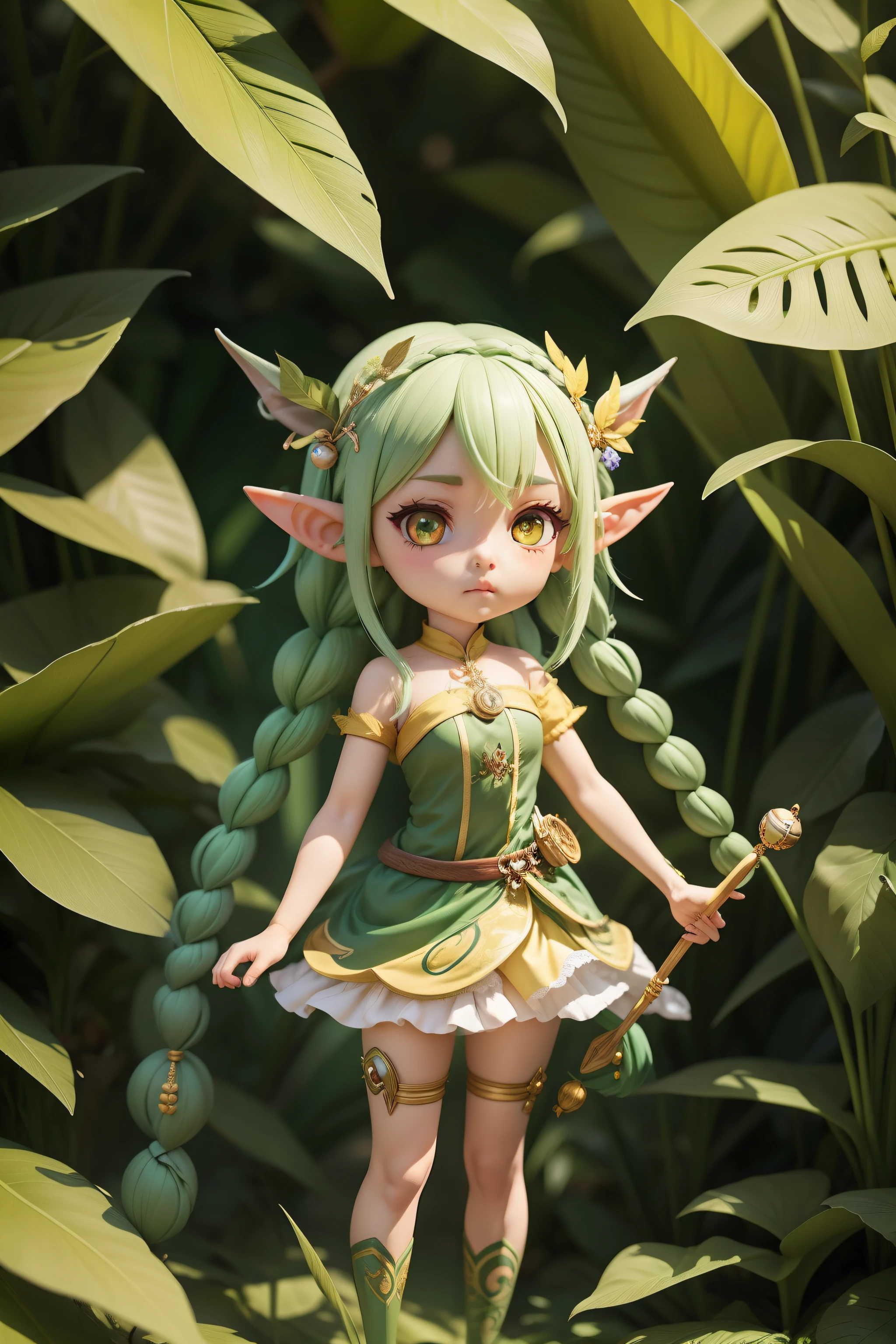 cartoony,full body1.5,Elf long ears,round eye,cabellos largos dorados,Twist braids,Green hair accessories,short- sleeved,Leaf clothes,wands,jungles,3Drenderingof,high detal,8K分辨率