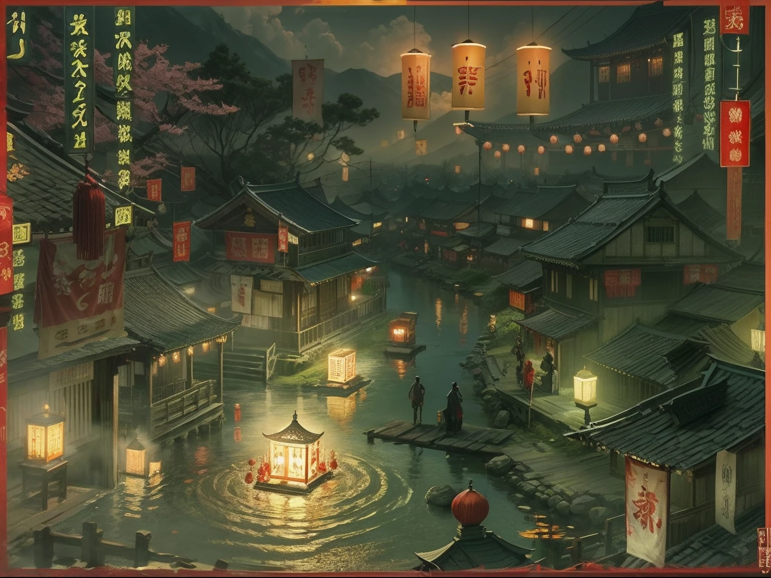 ((The Middle Yuan Festival at night,Ghost Festival,Scary scenes,smooggy)),ancestor worship、Put river lights、