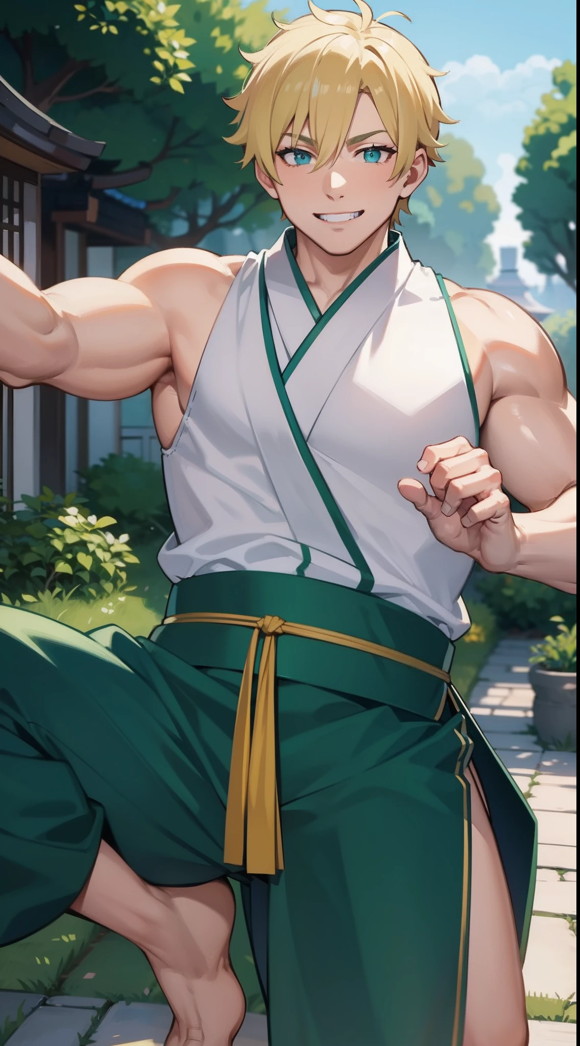 Adult Fat Man, short blonde hair, Cyan eyes, Green Hanfu sleeveless, Drunken Master, Smile, Masterpiece, hiquality