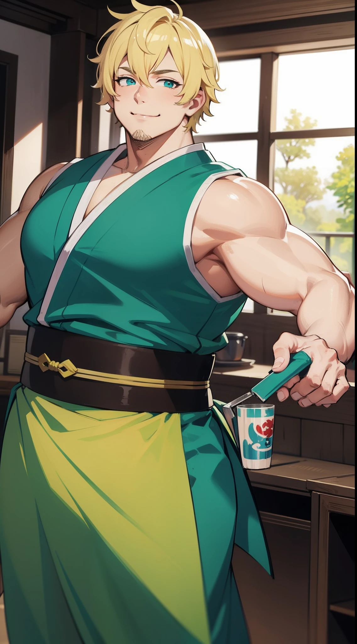 Adult Fat Man, short blonde hair, Cyan eyes, Green Hanfu sleeveless, Drunken Master, Smile, Masterpiece, hiquality