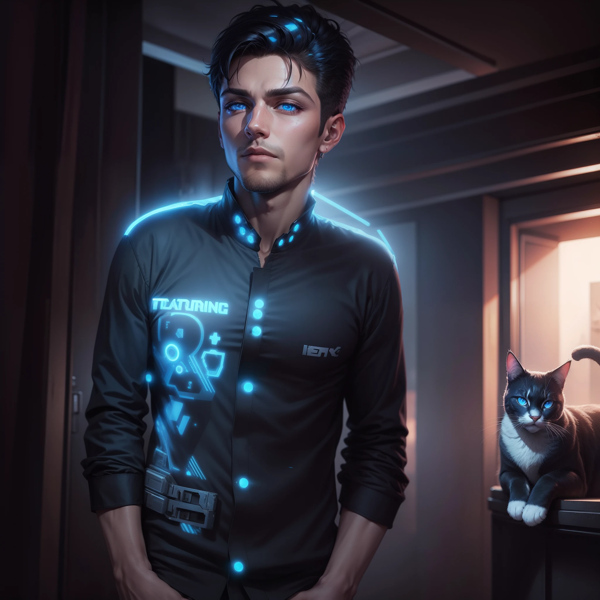 Change background cyberpunk handsome boy:with cat, realistic image,8k ultra,smart,blue eyes,red shirt