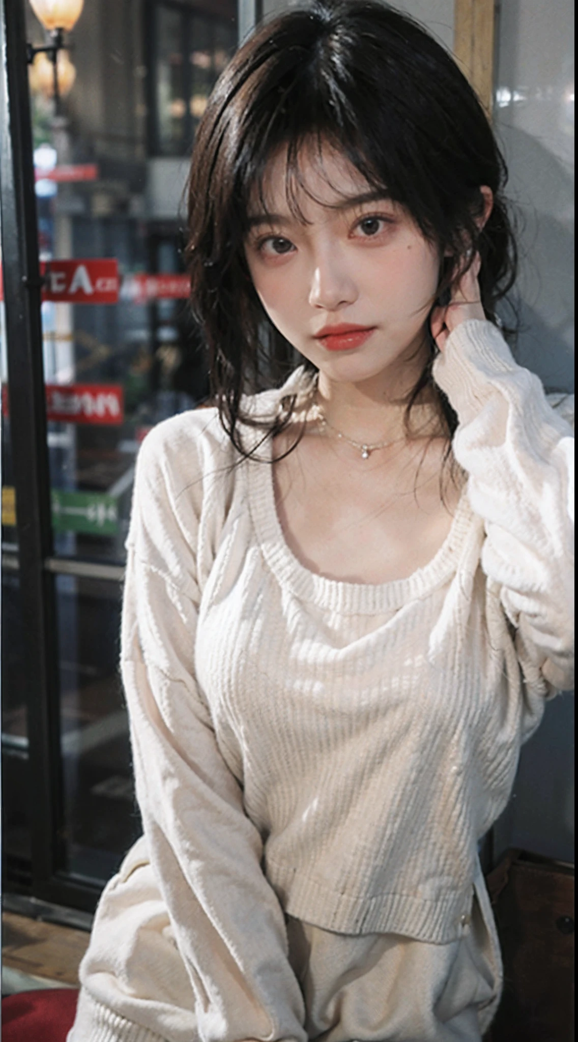 (1girl:1.3), Solo, __body-parts__, Kim Ji-ni Jennie Face, Doomsday Wasteland Style, Broken Khaki Gray Sweater, Long Cape, Dusty, Stormy, Earthy, Gray Tones, 8K Resolution Image, Intricate Symmetry Details. The whole picture is invincible and heroic, mainly a complete picture of a woman standing all over her body, with smooth movements and a confident expression.