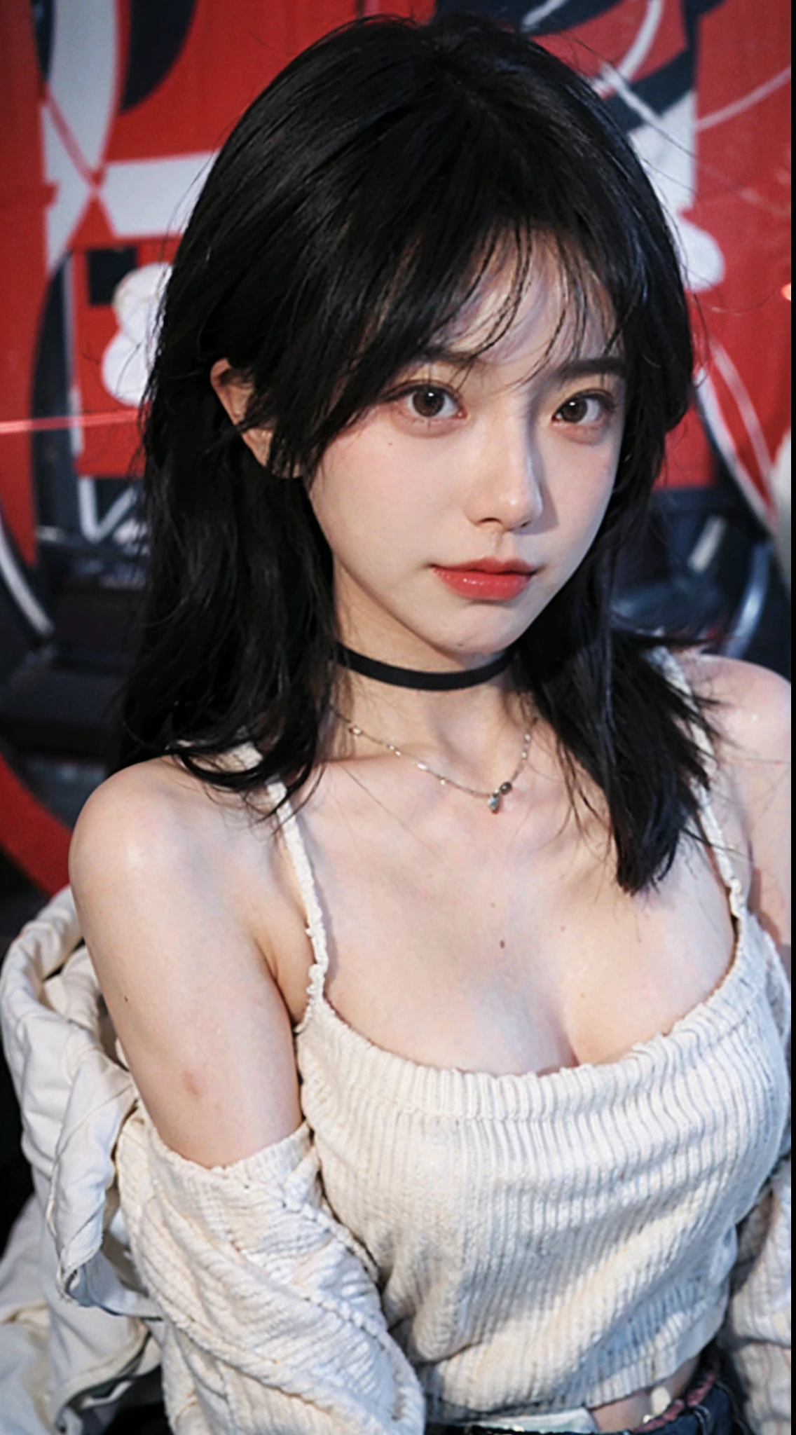best qualtiy, 超高分辨率, (realisticlying:1.4),Baoyu Girl,1girll, with long coiled hair,Blushlush,Looking into the distance,nedium breasts,Cropped red sweater,a sense of atmosphere,Beautiful woman with a slim figure:1.4, Pronounced abs,Ultra-fine face,Elaborate Eyes,二重まぶた,choker necklace