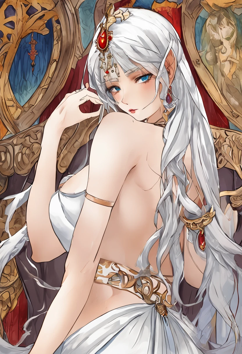 (NSFW:1.3), (:1.3),Naked,masutepiece,Best Quality,Highly detailed,(Beautiful detailed eyes:1.2), Anime cel drawings from the 1980s,Vivid colors, (bright colour),(disproportionately hanging chest:1.5),(huge-breasted:1.5),(very sagging chest:1.5), (Gigantic :1.3),(tareme:1.1), White hair, Long hair,Blunt bangs,(priestess),(nun),From Side,in castle, (Excellent professional oil painting of beautiful Victorian girl),Evil smile,(Succubus),(Cameltoe:1.1),(Add_detail:1.1),(Spreading :1.3),cervix, (Spread ), (Spread legs)
