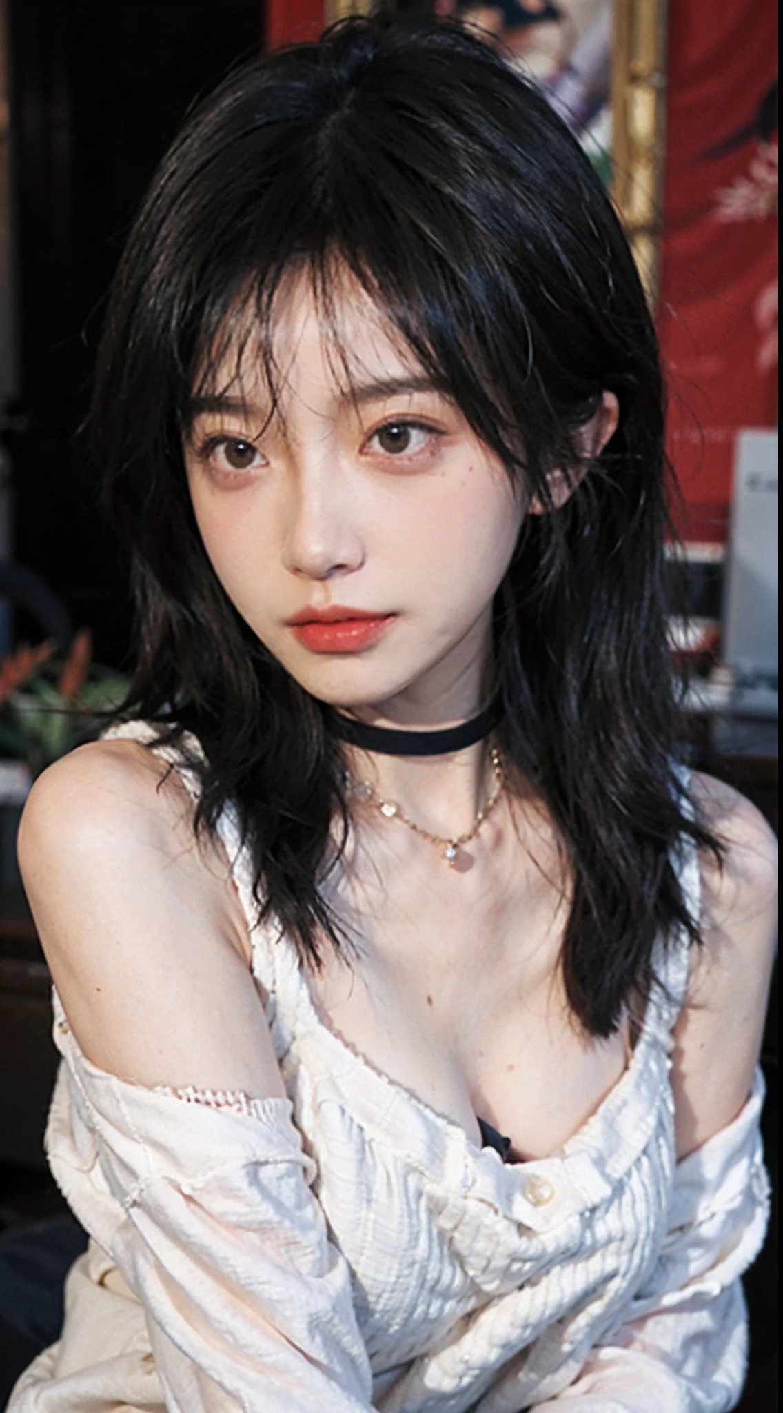 best qualtiy, 超高分辨率, (realisticlying:1.4),Baoyu Girl,1girll, with long coiled hair,Blushlush,Looking into the distance,nedium breasts,Cropped red sweater,a sense of atmosphere,Beautiful woman with a slim figure:1.4, Pronounced abs,Ultra-fine face,Elaborate Eyes,二重まぶた,choker necklace