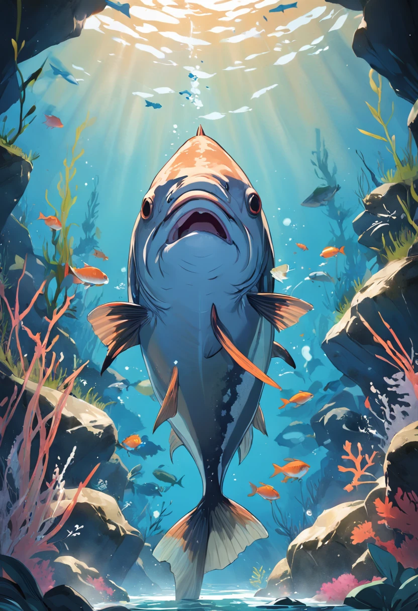 graphic art, Flat illustration of a large fish , limpeza altamente detalhada, imagem vetorial, fundo branco plano, Vibrando, vetor, peixe pulando, realista