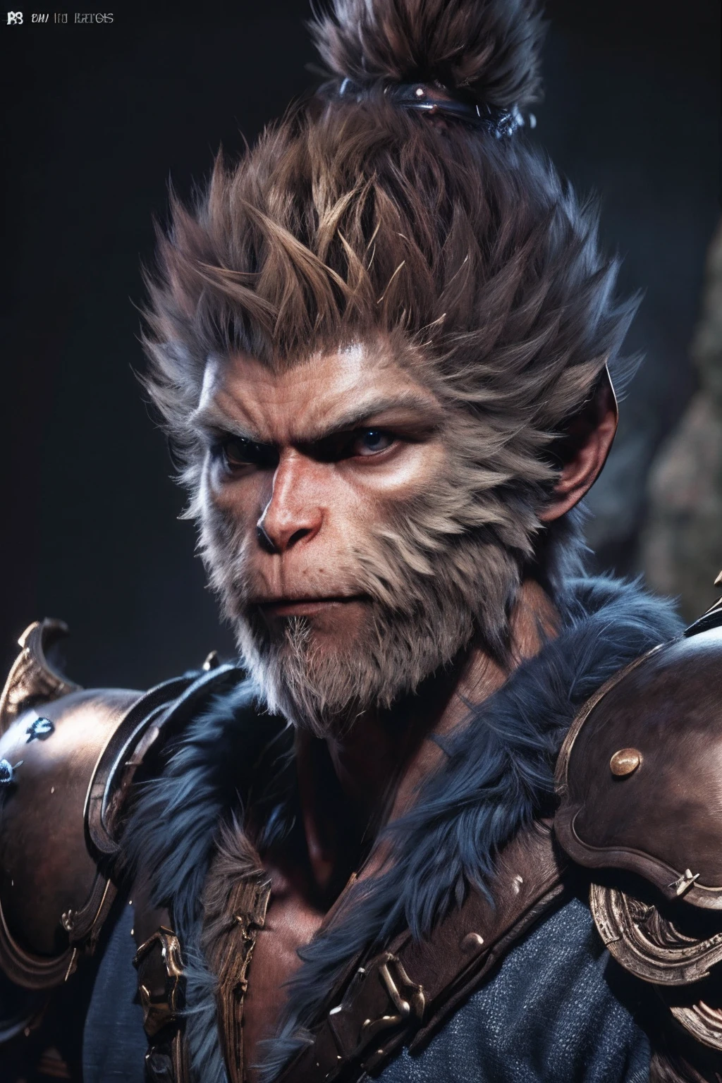 wukong \(black myth\),
1boy, solo, male focus, detailed eyes, shaded face,
fur chest, armor, blue clothes, pauldrons,
unreal engine, 8k, super detail,
