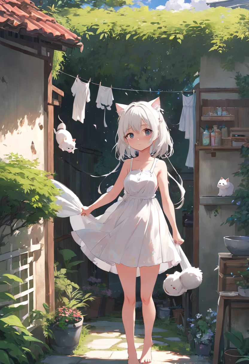 Anime girl in white dress standing in garden with cat, Hang the laundry outside to dry,loli in dress, small curvaceous loli, Guviz-style artwork, Guweiz in Pixiv ArtStation, Guweiz on ArtStation Pixiv, Guviz, small loli girl, Soft anime illustration, Anime visuals of cute girls, Detailed digital anime art