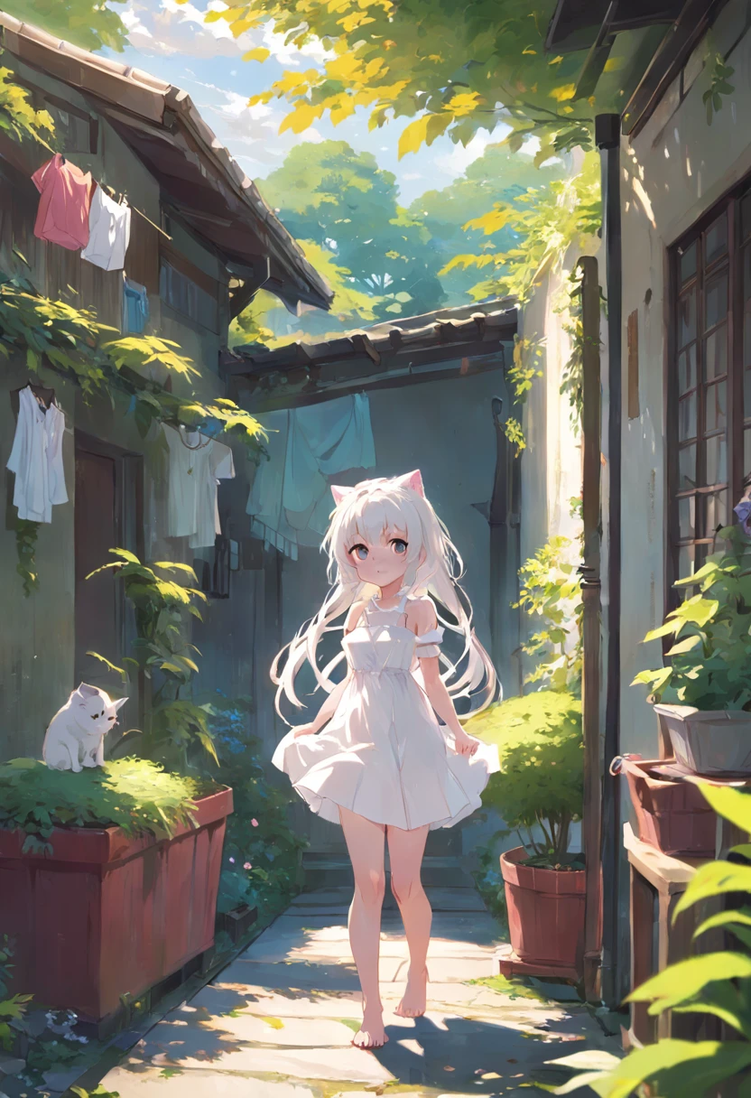 Anime girl in white dress standing in garden with cat, Hang the laundry outside to dry，loli in dress, small curvaceous loli, Guviz-style artwork, Guweiz in Pixiv ArtStation, Guweiz on ArtStation Pixiv, Guviz, small li girl, Soft anime illustration, Anime visuals of cute girls, Detailed digital anime art