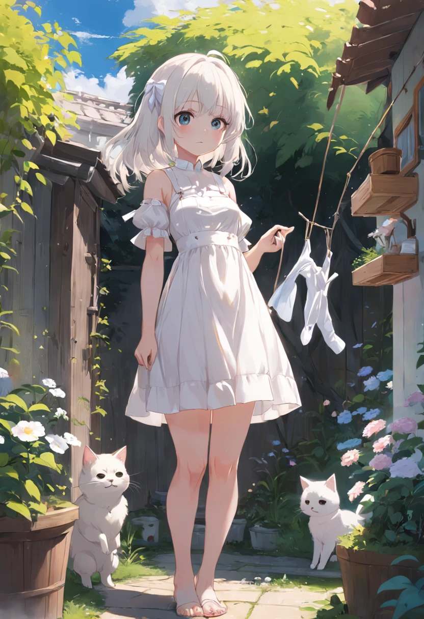 Anime girl in white dress standing in garden with cat, Hang the laundry outside to dry,loli in dress, small curvaceous loli, Guviz-style artwork, Guweiz in Pixiv ArtStation, Guweiz on ArtStation Pixiv, Guviz, small loli girl, Soft anime illustration, Anime visuals of cute girls, Detailed digital anime art