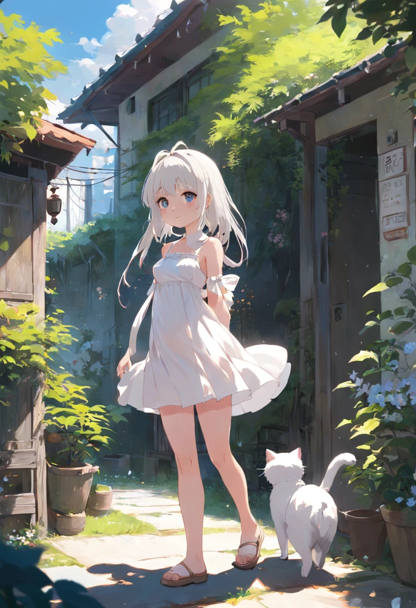 Anime girl in white dress standing in garden with cat, Hang the laundry outside to dry,loli in dress, small curvaceous loli, Guviz-style artwork, Guweiz in Pixiv ArtStation, Guweiz on ArtStation Pixiv, Guviz, small loli girl, Soft anime illustration, Anime visuals of cute girls, Detailed digital anime art