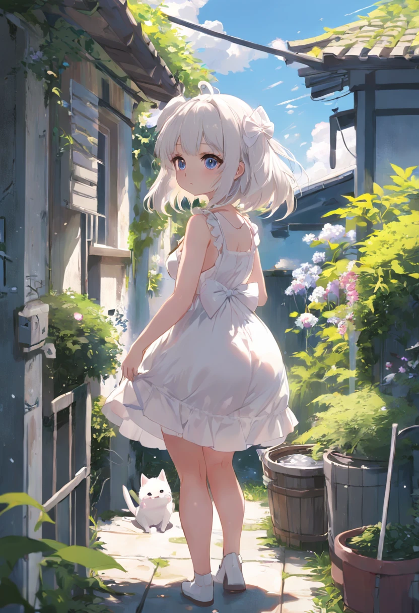 Anime girl in white dress standing in garden with cat, Hang the laundry outside to dry，loli in dress, small curvaceous loli, Guviz-style artwork, Guweiz in Pixiv ArtStation, Guweiz on ArtStation Pixiv, Guviz, small loli girl, Soft anime illustration, Anime visuals of cute girls, Detailed digital anime art