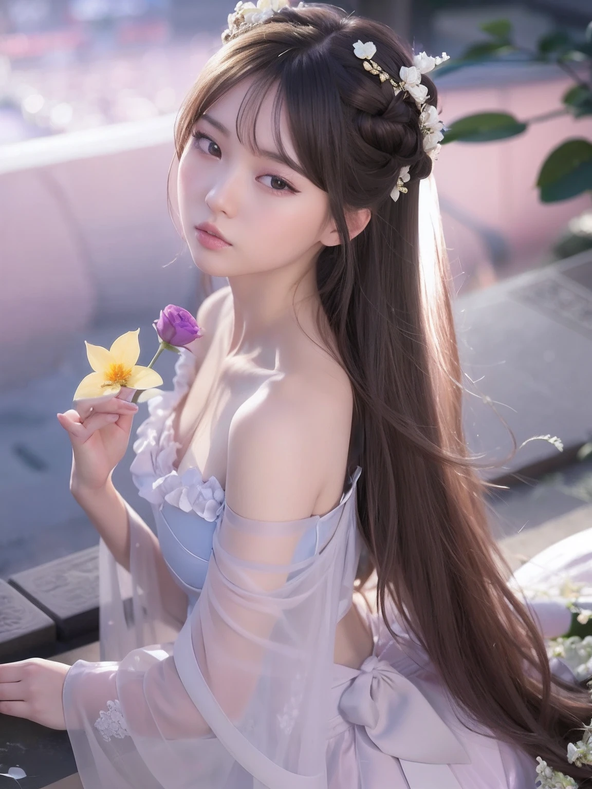Close-up of a woman in a dress holding a flower, Middle metaverse, gorgeous chinese models, Asian girl with long hair, Ethereal beauty, Beautiful anime girl, Chinese girl, Anime girl with long hair, cute elegant pose, young and cute girl, 8K)), Beautiful goddess, trending on cgstation, Lovely woman, Very beautiful girl