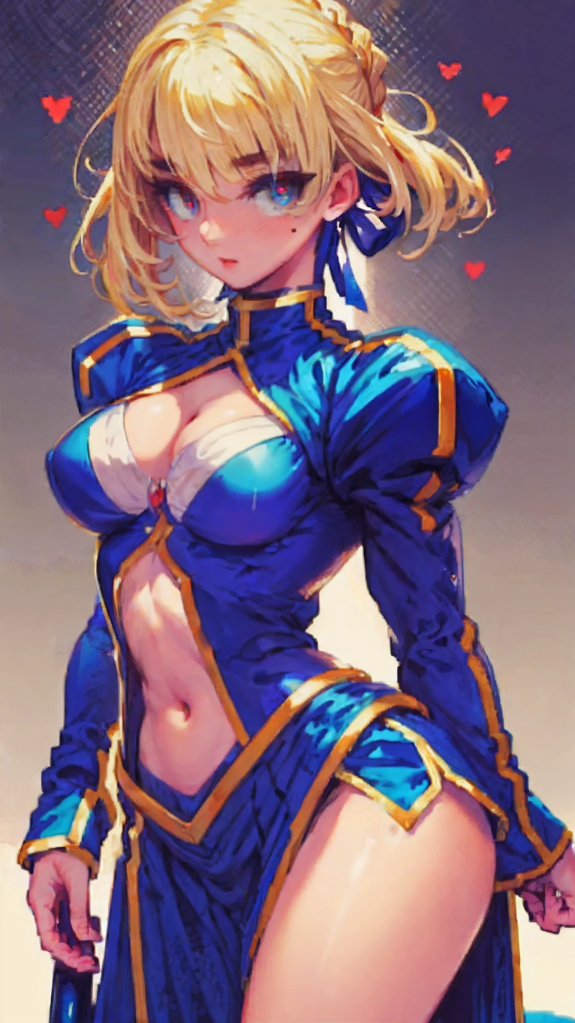 saber,Plain white background,Armor,long skirt,exposing your navel,C cup,High detail,Moles under eyes, Heart-shaped pupils,Love pupils,Fleshy thighs,highly rendered,detailed face with