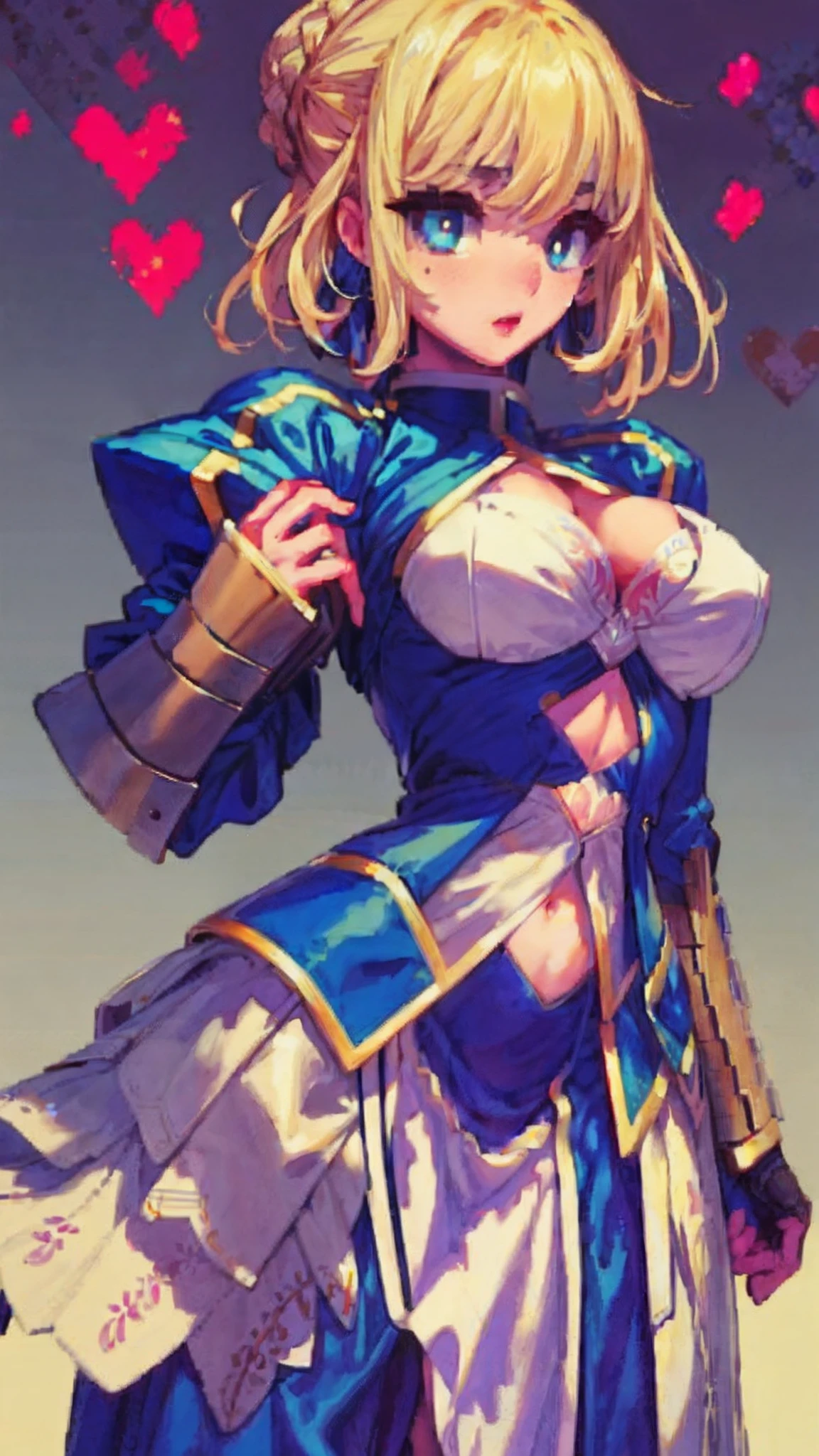 saber,Plain white background,Armor,long skirt,exposing your navel,C cup,High detail,Moles under eyes, Heart-shaped pupils,Love pupils,Fleshy thighs,highly rendered,detailed face with
