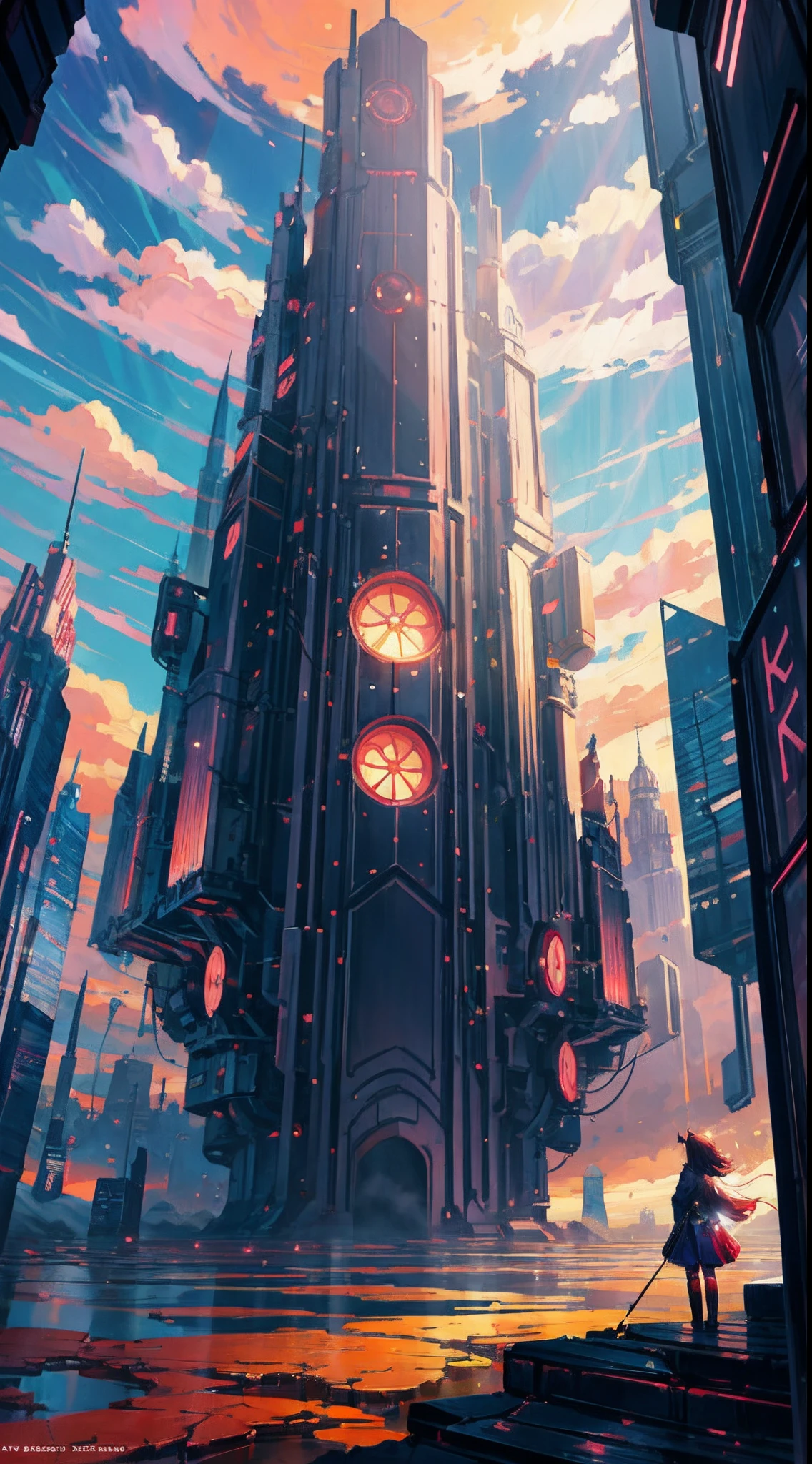 Anime girl standing in big city looking at rainbow sky,Near Future City、 makoto shinkai cyril rolando, anime art wallpaper 4k, anime art wallpaper 4k, Anime art wallpaper 8k, inspired by Cyril Rolando, in the style dan mumford artwork, amazing wallpapers, by Yuumei