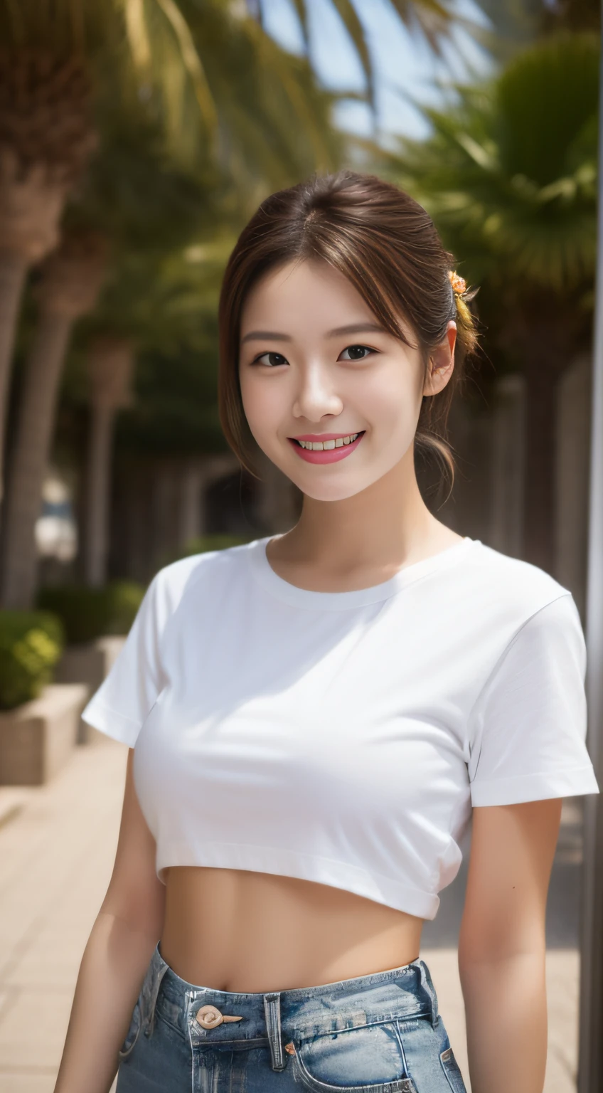 ((Best Masterpiece)), ((High Quality)), ((Real)), ((8k))  ((2 beatiful girls)) ,((white t-shirt and tight denim pants)), Japan persons, 30 years old, 2 beauty, slender, sony slr photography, looking at camera, cute, swimwear, nature, real, posing, super high quality, photography, good friend, big beauty, small beauty, parasol, string bun, String bra, alone with two, palm trees, moles under eyes, moles around the mouth ((large breasts)) ,cowboy shot,((smile)) ((half updo))  ((bronze hair))
