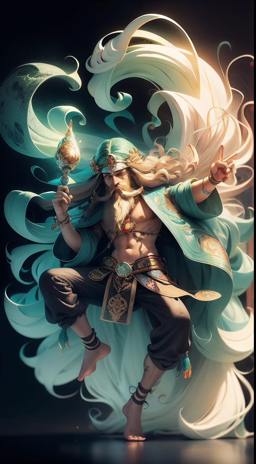 A hippie with long hair and a beard rides marijuana leaves like a magic carpet, Flared pants, Hold the lit joint, Seafront, Sun, Playful, Diamond, peace signs, cherished, Innocent, Detailed, Colorful light, Surreal, Psychedelic Art - AR 9:1