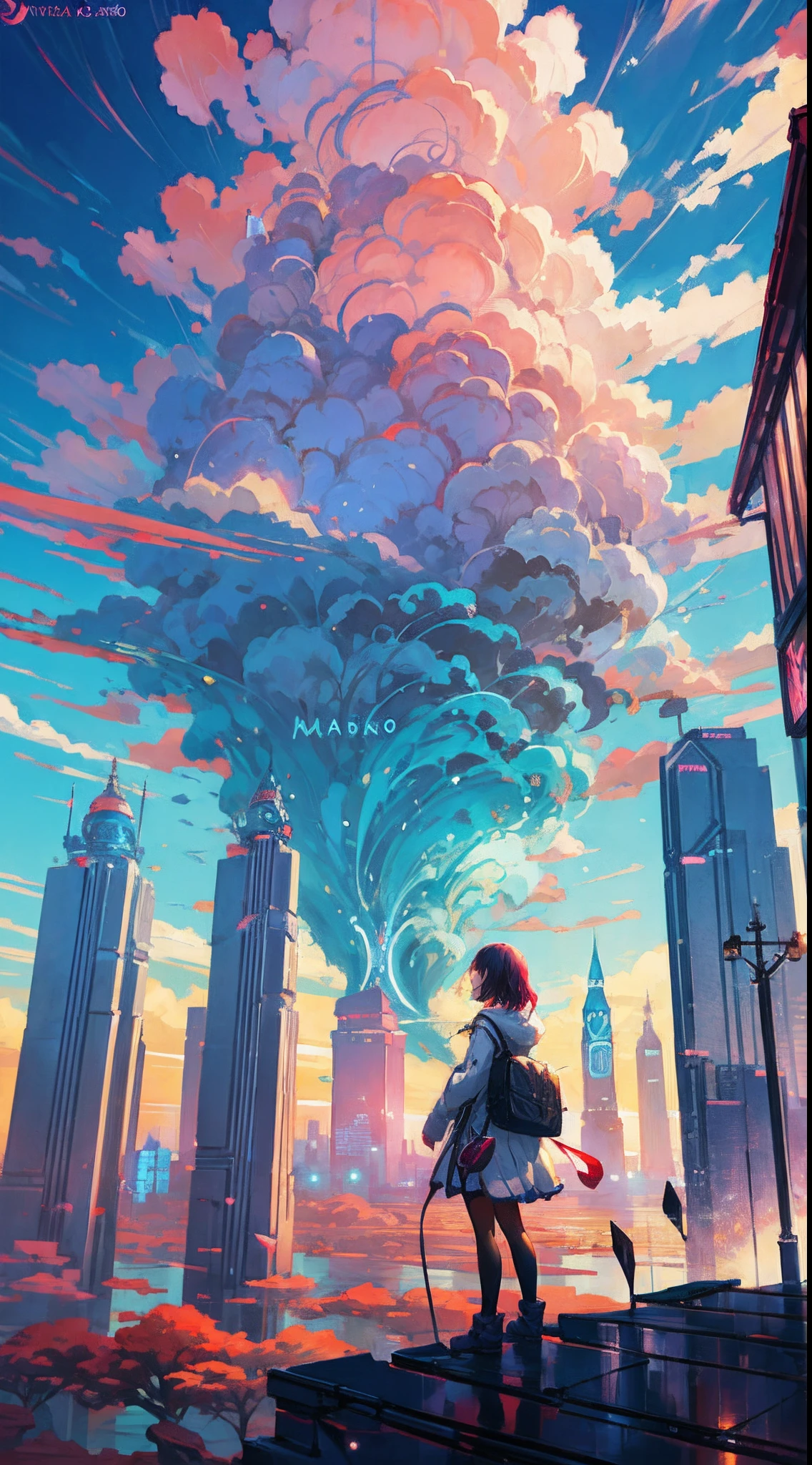 Anime girl standing in big city looking at rainbow sky,Near Future City、 makoto shinkai cyril rolando, anime art wallpaper 4k, anime art wallpaper 4k, Anime art wallpaper 8k, inspired by Cyril Rolando, in the style dan mumford artwork, amazing wallpapers, by Yuumei