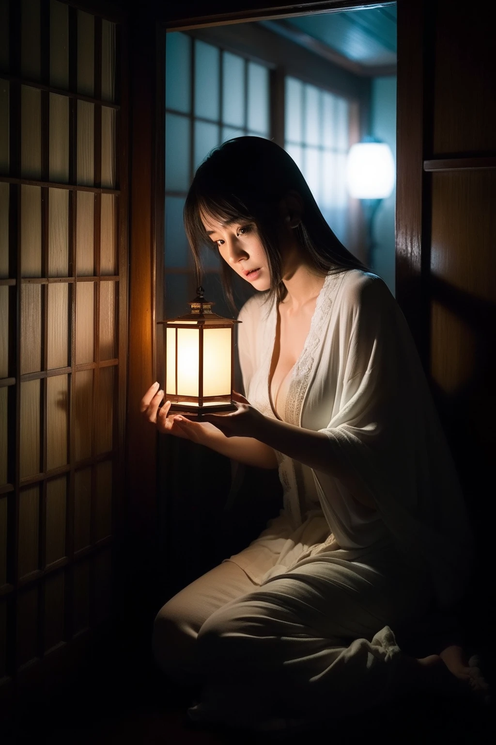 (tmasterpiece、high-level image quality、high high quality)、(The ghost of a young beauty)、Female ghost stories,(Japanese ghost stories、Spirit、Psychic phenomena)、Wandering spirit、Amazing beauty、爆乳、Excellent style、Incredible images、She looks like a Japanese model actress.Glossy、full body Esbian、Release cold air、Chill、 Beauty Yokai、dim murky lights.lantern、canny、Frightened、Japan houses、nigth、((fiction、Horror pictures、Ghosts、Aura、Psychic photography))、(Grievances、Nasty souls、Evil spirits、Angry souls),Japanese cemeteries、Japanese hell、(Kosuke Kaneda's suspenseful world),(The human body is structurally accurate、Ghosts also have legs),(Think about life after death、Ghost stories and ghost stories in horror works are mostly fictional),cleavage