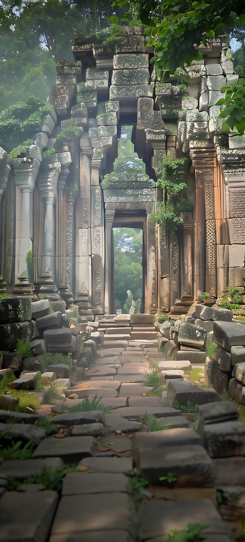 There is a stone path leading to the stone building, mysterious temple setting, ancient ruins in the forest, Ancient temple ruins, Temple ruins, Angkor tuna, lost temple, Ancient temple, sacred ancient architecture, White stone temple ruins, There are beautiful ancient ruins in the back, Ancient ruins and waterfalls, Angkor, Cambodia, Ancient ruins, secret overgrown temple, a mystical temple