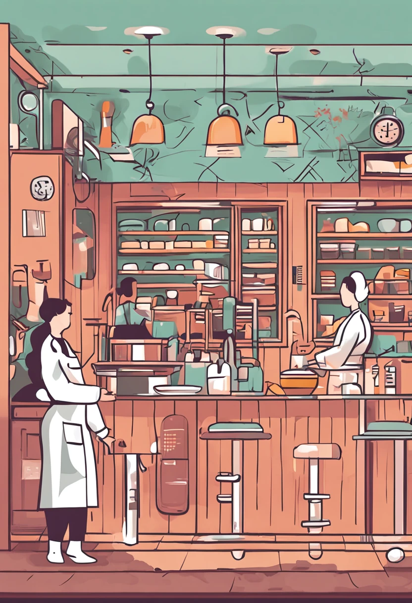 A nurse with elderly restaurant hospital, A simple one, The art of minimalism with gentle colors, vectorstyle