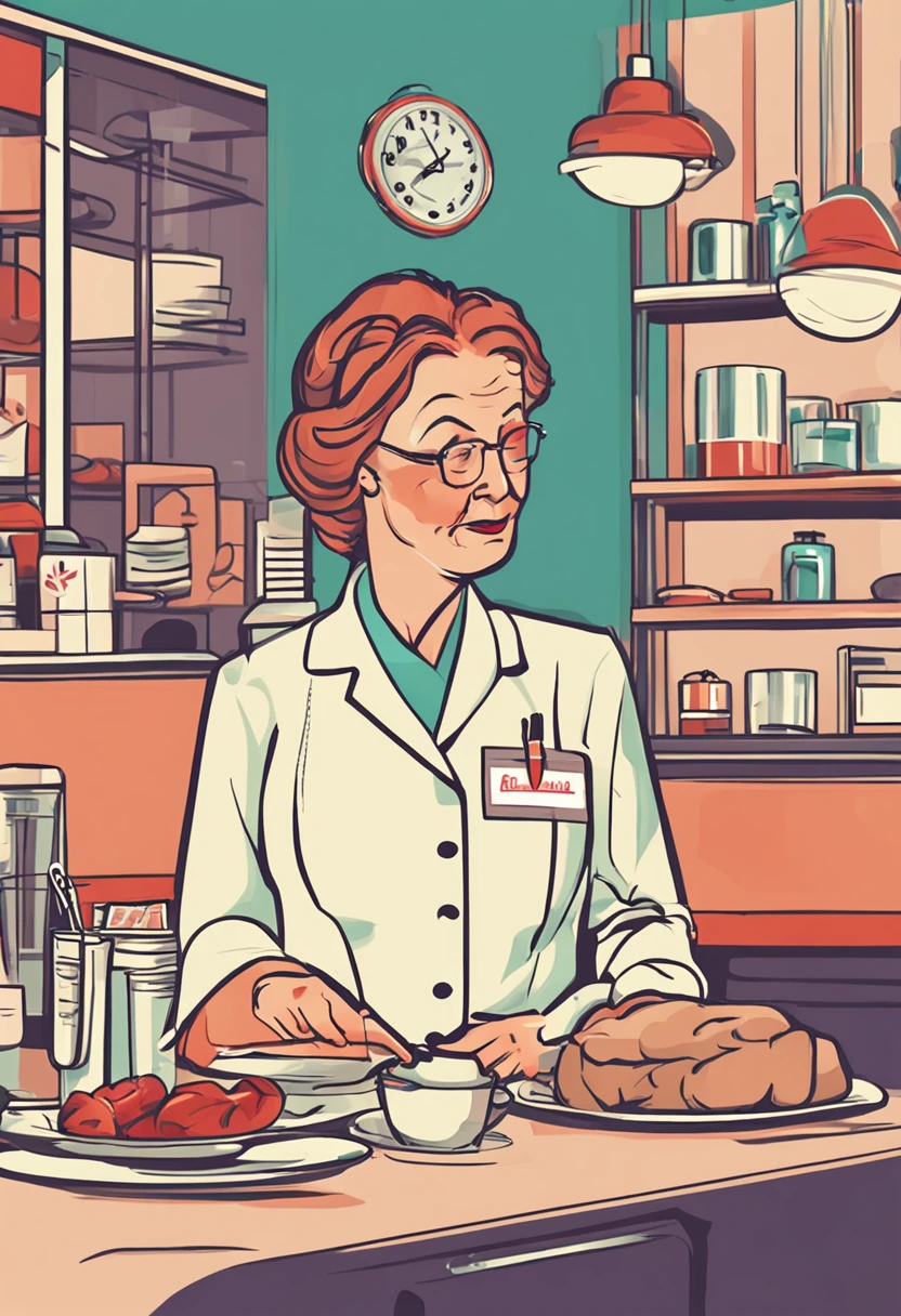 A nurse with elderly restaurant hospital，  A simple one, The art of minimalism with gentle colors, vectorstyle