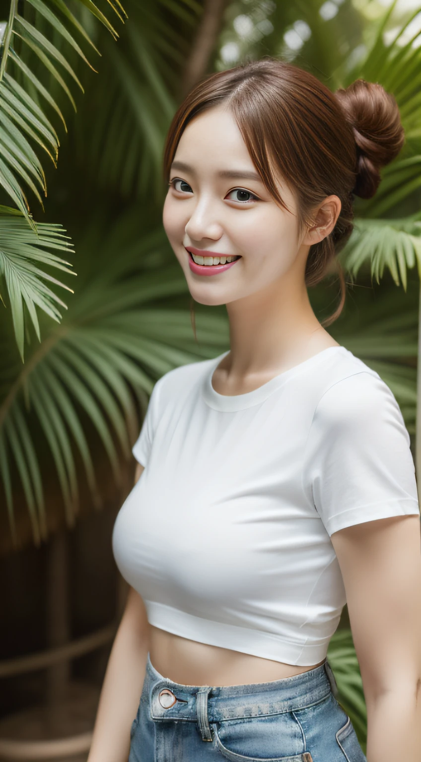 ((Best Masterpiece)), ((High Quality)), ((Real)), ((8k)) ((2 beatiful girls)) ,((white t-shirt and tight denim pants)), Japan persons, 30 years old, 2 beauty, slender, sony slr photography, looking at camera, cute, swimwear, nature, real, posing, super high quality, photography, good friend, big beauty, small beauty, parasol, string bun, String bra, alone with two, palm trees, moles under eyes, moles around the mouth ((large breasts)) ,cowboy shot,((smile)) ((half updo)) ((bronze hair)), cowboy shot