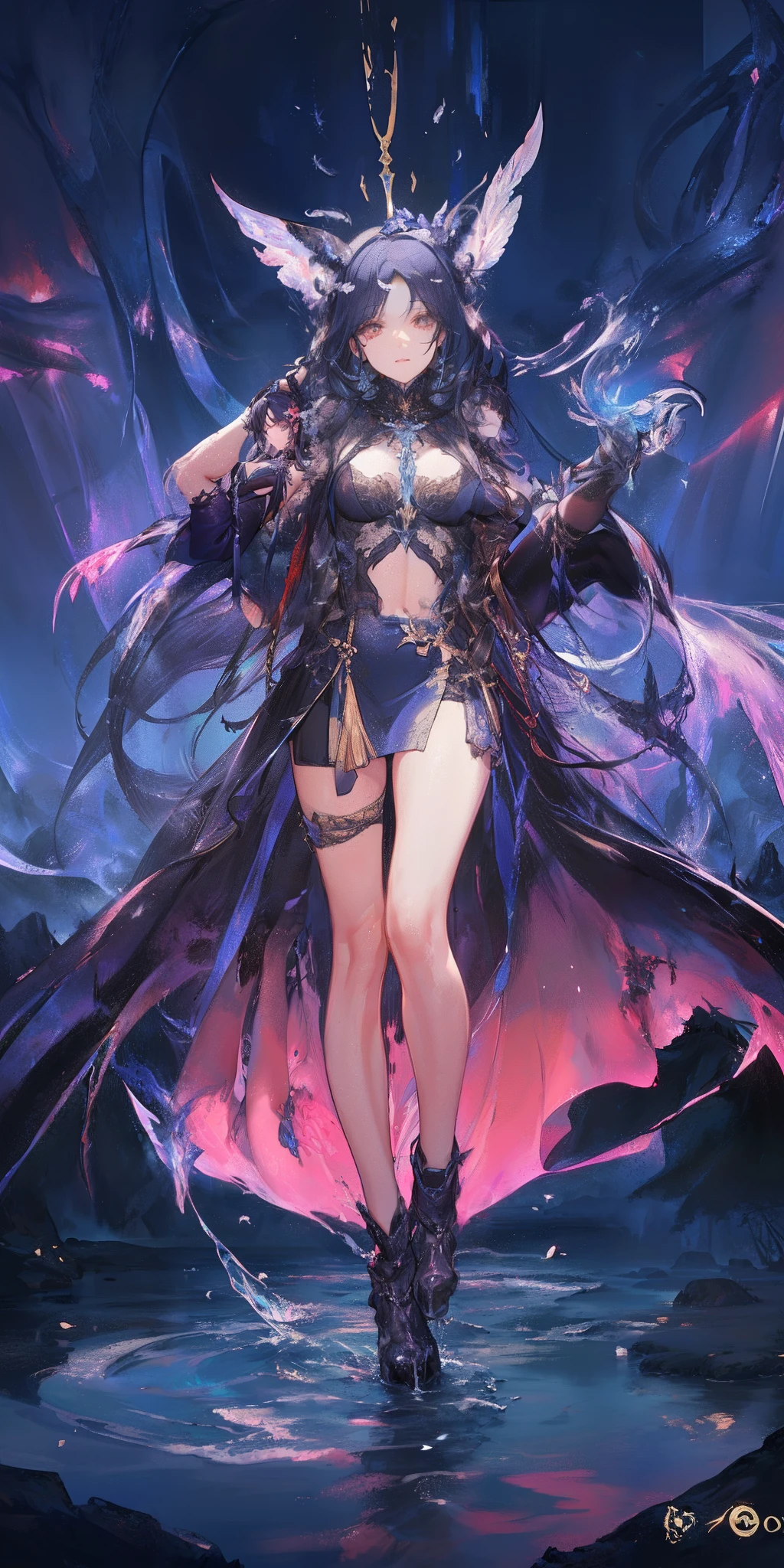 The tall girl recited the incantation),Peek from under his forehead,breaking,,(lean legs:1.3),(Bigchest),lean legs,Water feathers,1个Giant Breast Girl,独奏,(Fit your body:1.4),plumw,Thin,Meticulous anatomy,Perfect body,Meticulous body,A detailed face,Beautiful anatomical eyes。Break Kaisa Longtan,The breakthrough is very detailed,Complex art,Artstation's detailed ternary color trends in Unreal Engine 5,8K分辨率,A masterpiece by Deviant