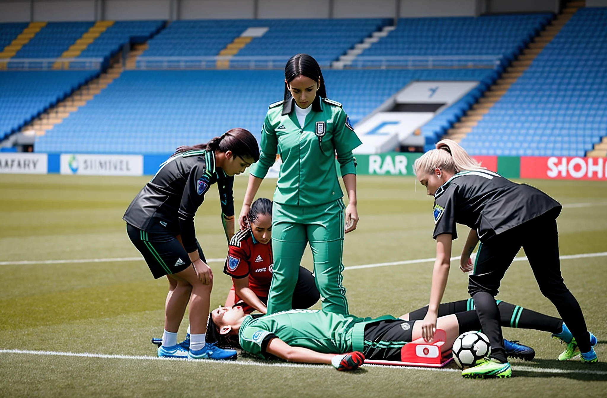 a soccer scene in a german sports stadium, injury scene in a sports stadium, stretcher carry, an injured soccer player is lying head first on his back on a stretcher and is covering his head with the hand, there are four young schoolgirls in shiny leather-trousers carrying a stretcher, there are four longhaired schoolgirls in high-shine latex-leggings who are carrying a stretcher in a german sports stadium, there is a wounded male soccer player in a short sports outfit lying head first on the stretcher, an injured male soccer player is lying head first on his back on a stretcher and is covering his agonised face with a hand, a soccer player is rearing up in intense pain while lying head first on his back on a stretcher and covering his head with a hand, dramatic scene, theatralic posing scene, dramatic pity scene, injury soccer, first aid, help, pity, there are four very angry looking schoolgirls in shiny latex-trousers who are looking very sad and very terrified and very shocked, the injured soccer player is screaming out in pain while he is carried from the pitch on a stretcher